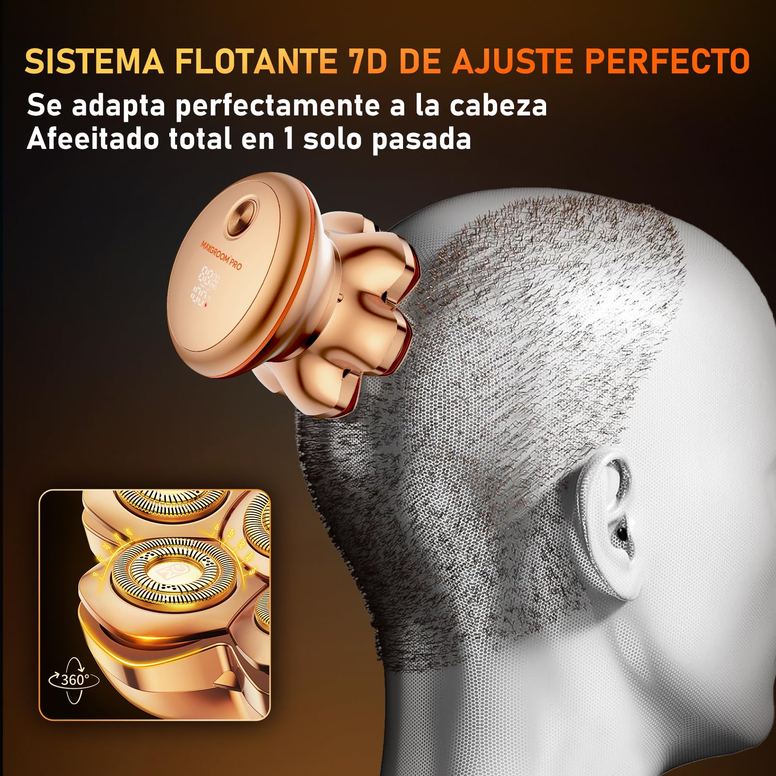 MAXGROOM Afeitadora Cabeza Hombre PRO, Maquina Afeitar Hombre, Afeitadora para Calva en Seco y Húmedo, 140 Mins de Uso, 7 Cabezales, Magnético, 100% impermeable, Dorado