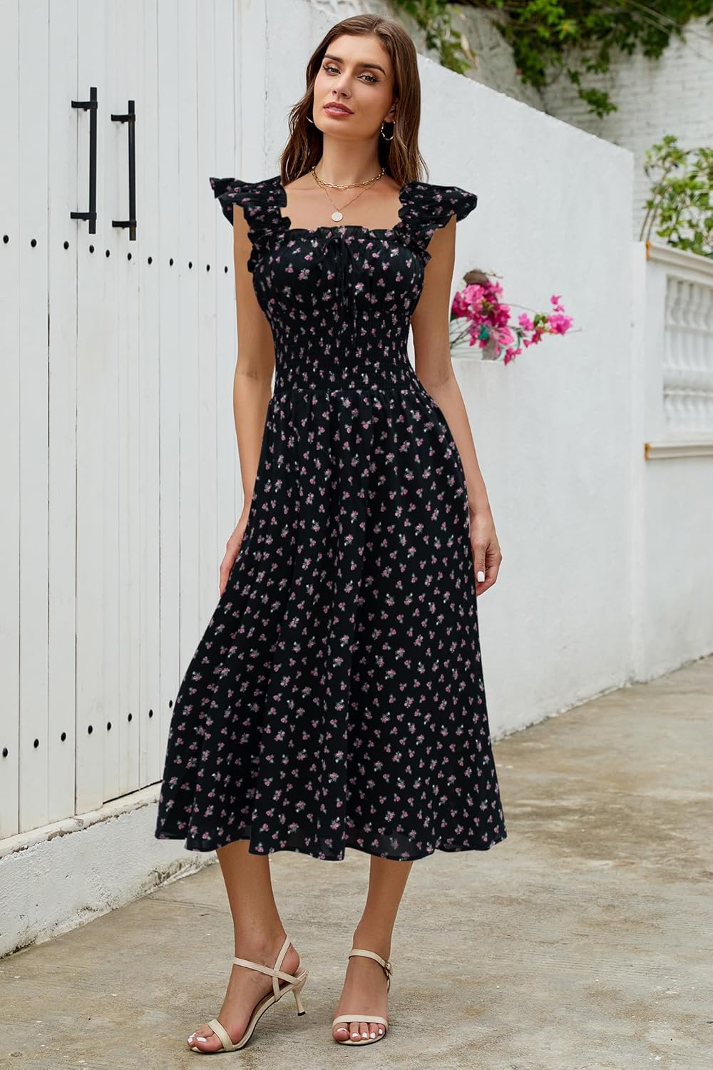 Women's 2026 Summer Flowy Maxi Dresses Casual Ruffle Sleeve Square Neck Smocked Waist Beach Vacation A Line Long Dress - Image 5