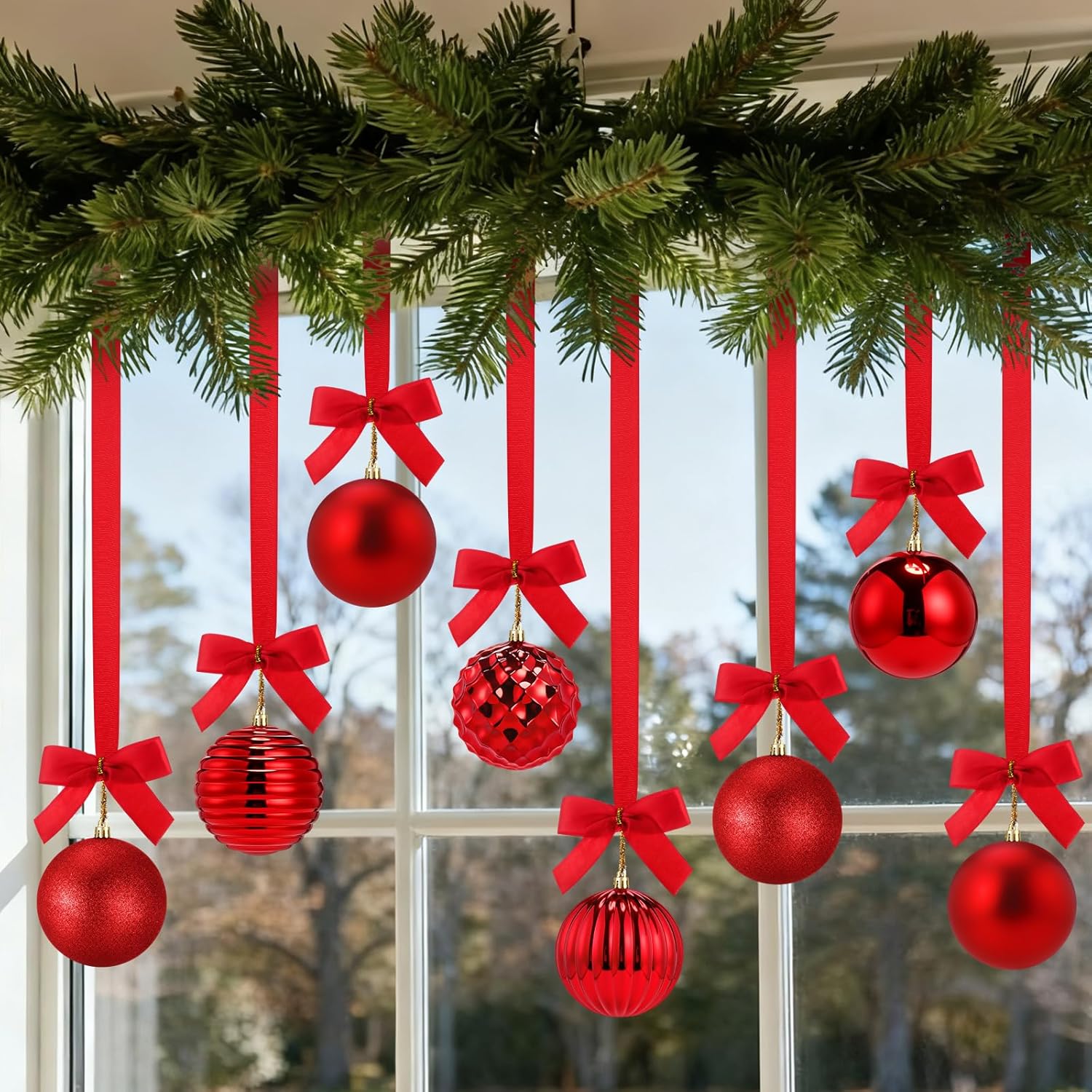 12 Pcs Red Christmas Balls Ornaments for Ceiling 4" Large Big Shatterproof Christmas Hanging Decor Balls with Ribbon Bow for Tree Xmas Holiday Party Indoor Window Door Living Room Decor