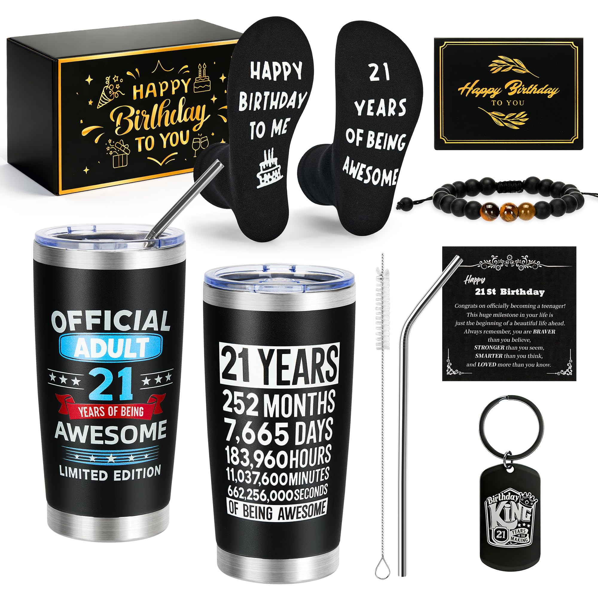 Rilcn 21st Birthday Gifts for Men – Gamer Gift Set with 20oz Tumbler, Gaming Socks, Bracelet & Keychain – Funny 21st Birthday Present for Son, Grandson, Nephew, Husband or Friend