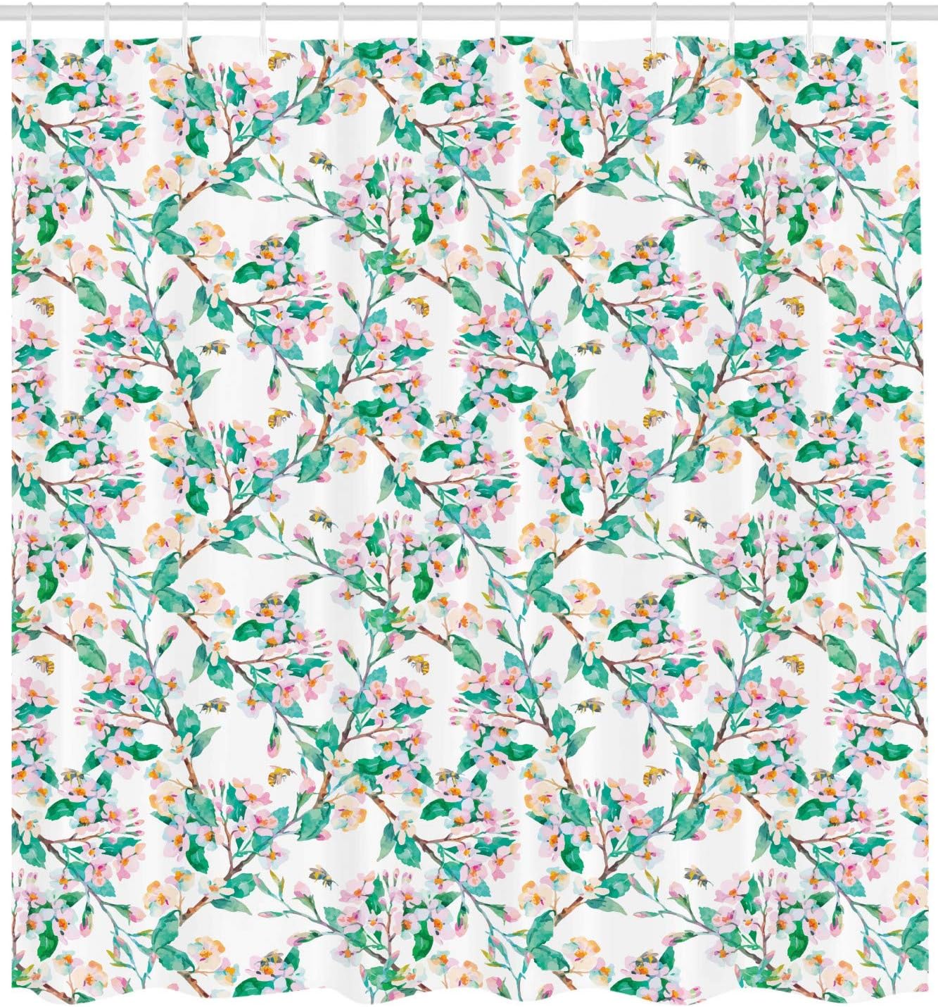 Ambesonne Flower Shower Curtain, Pink Cherry Blossoms Pattern with Bumble Bees Japanese Spring Themed Print, Cloth Fabric Bathroom Decor Set with Hooks, 69" W x 75" L, Pink Green