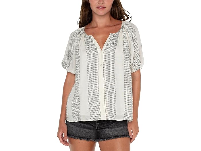 Puff Sleeve Button Front Shirred Woven Top - Image 2