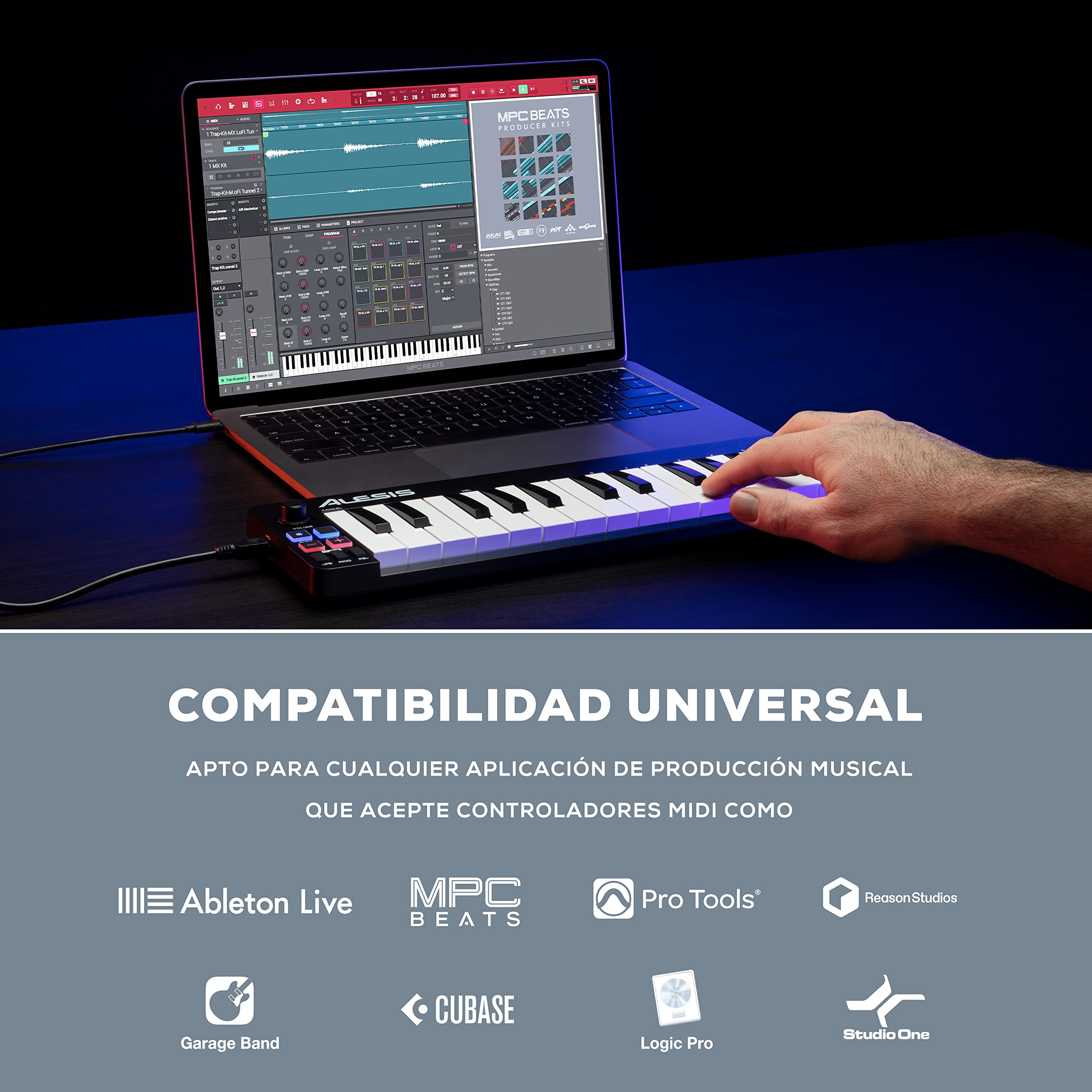 Alesis Qmini - Teclado controlador MIDI USB portátil de 32 teclas de acción sintetizador sensibles a la velocidad y software de producción musical