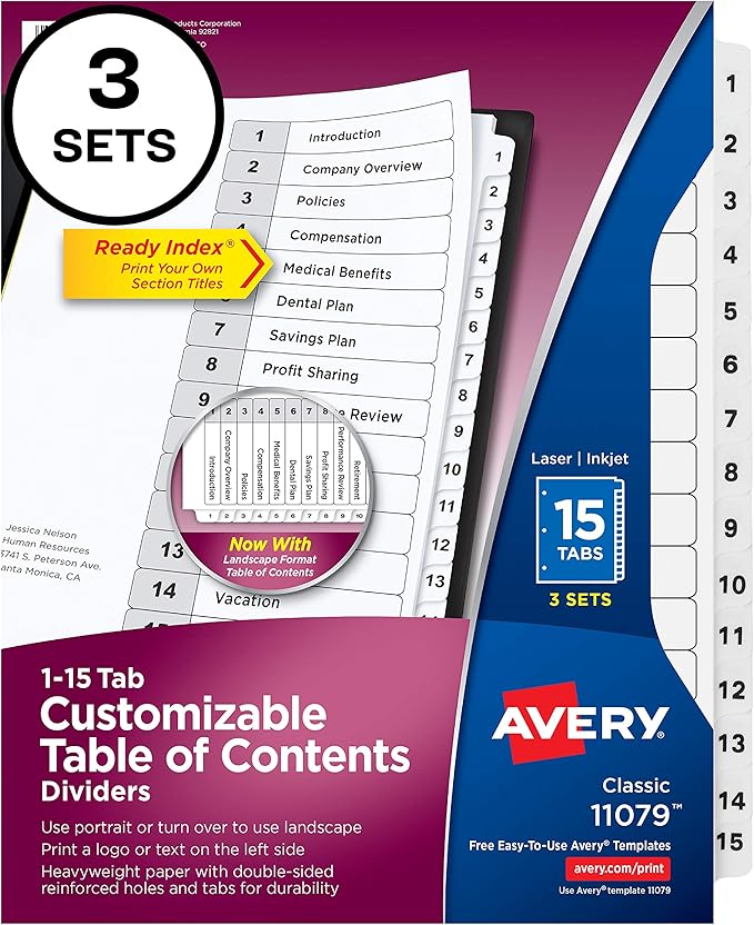 Avery 15 Tab Dividers for 3 Ring Binders, Customizable