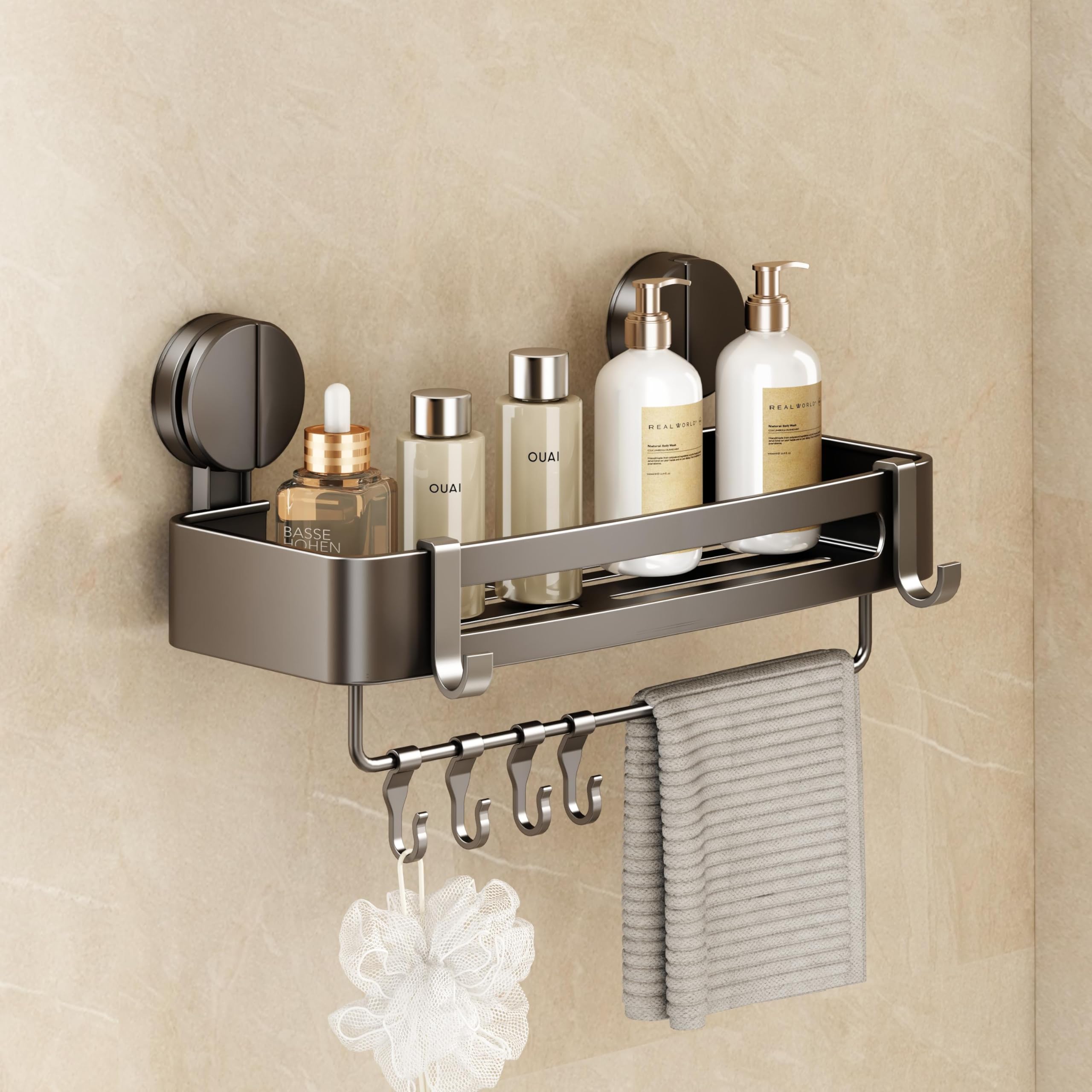 VOLPONE Shower Caddy Suction Cup 1 Pack Corner Shower Shelves No Drilling Showers Organizer Storage with Towel Bar