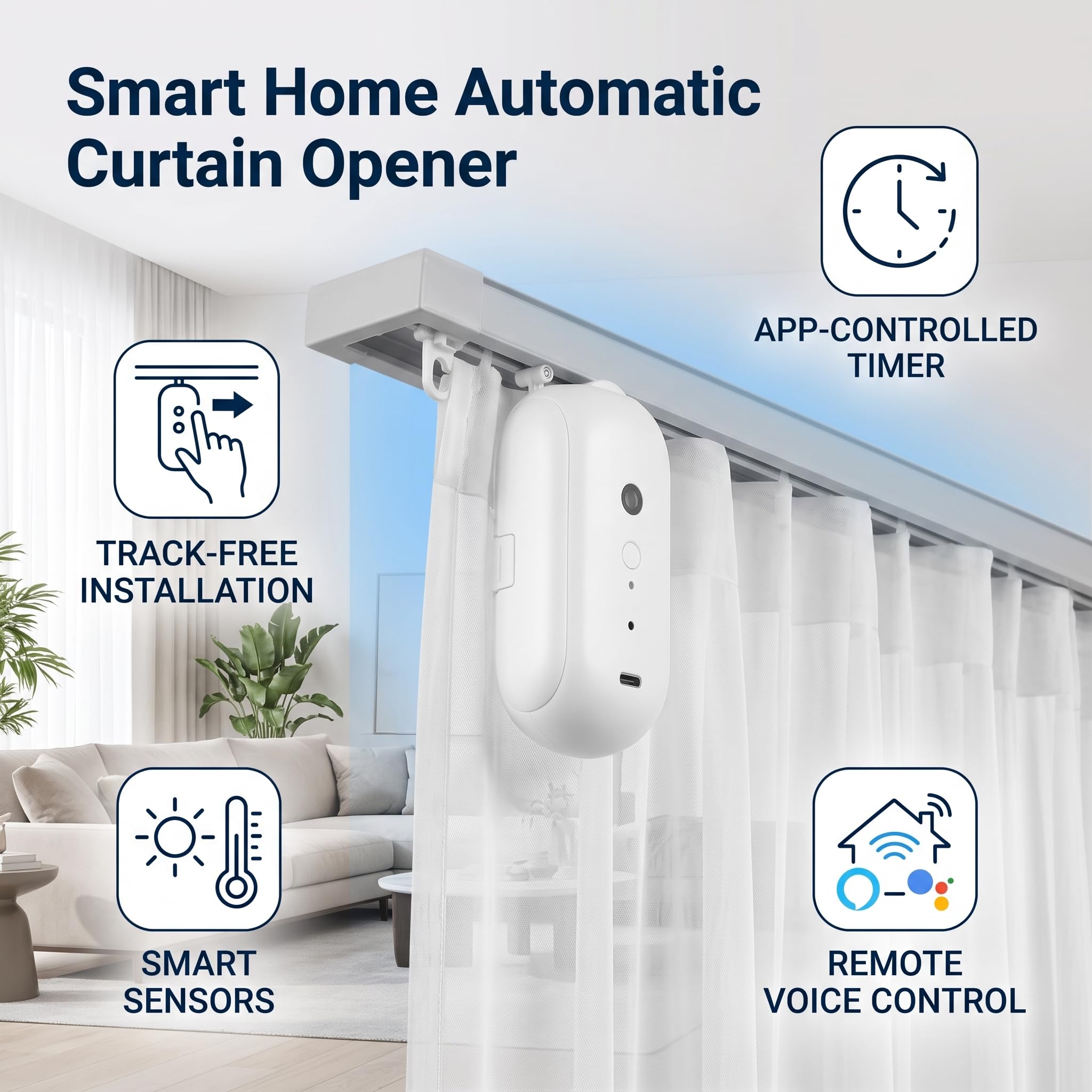 Smart Home Vorhangroboter Automatischer Gardinenöffner mit Sprachsteuerung und Temperatur-Licht-Sensor U-Schienen-Typ 1 Stück