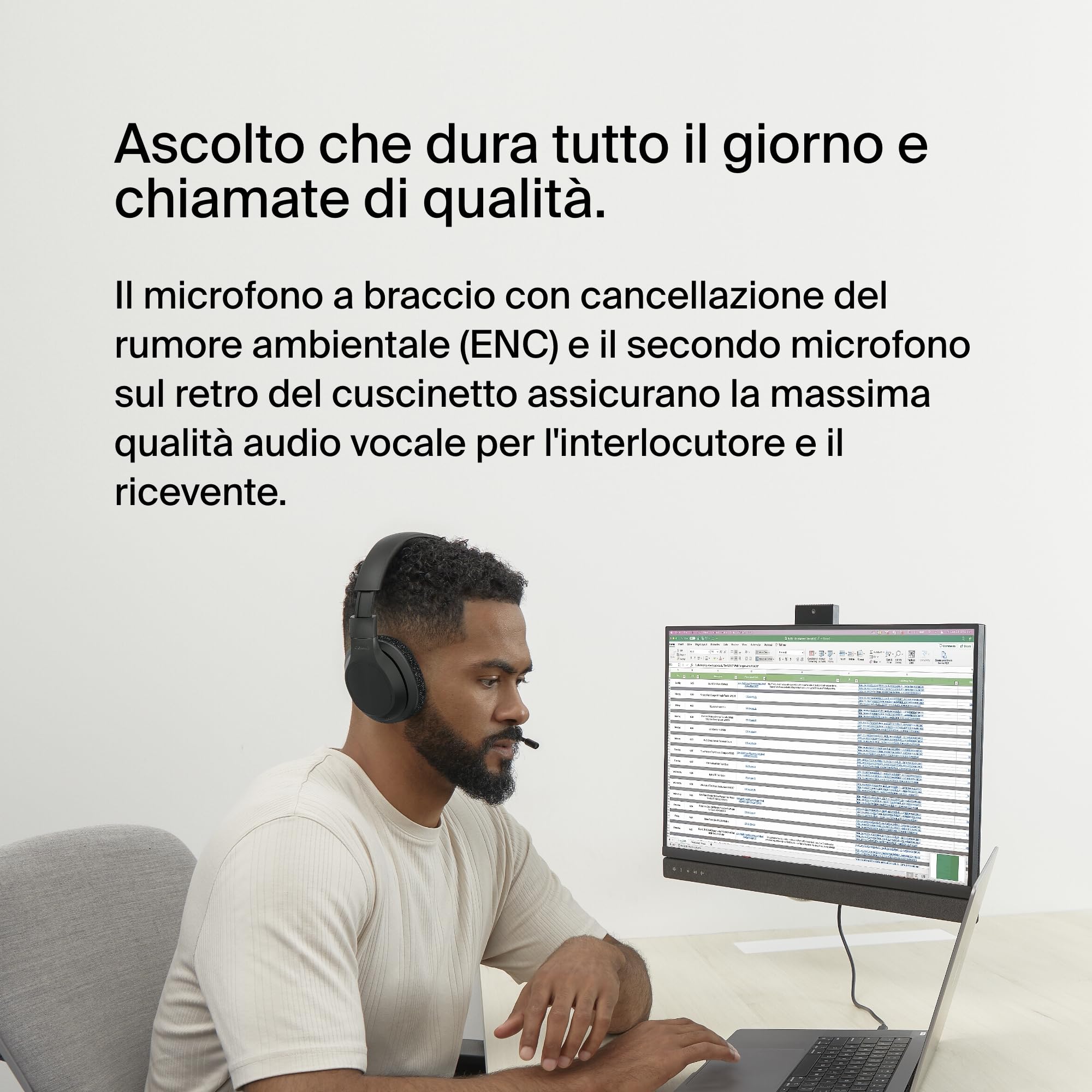 Belkin SoundForm Adapt Cuffie Bluetooth Over-Ear con Microfono a Braccio, Bluetooth Multipoint, Cuffie Wireless ENC, Durata Batteria di 65 Ore, Ricarica Rapida con USB C, Nero
