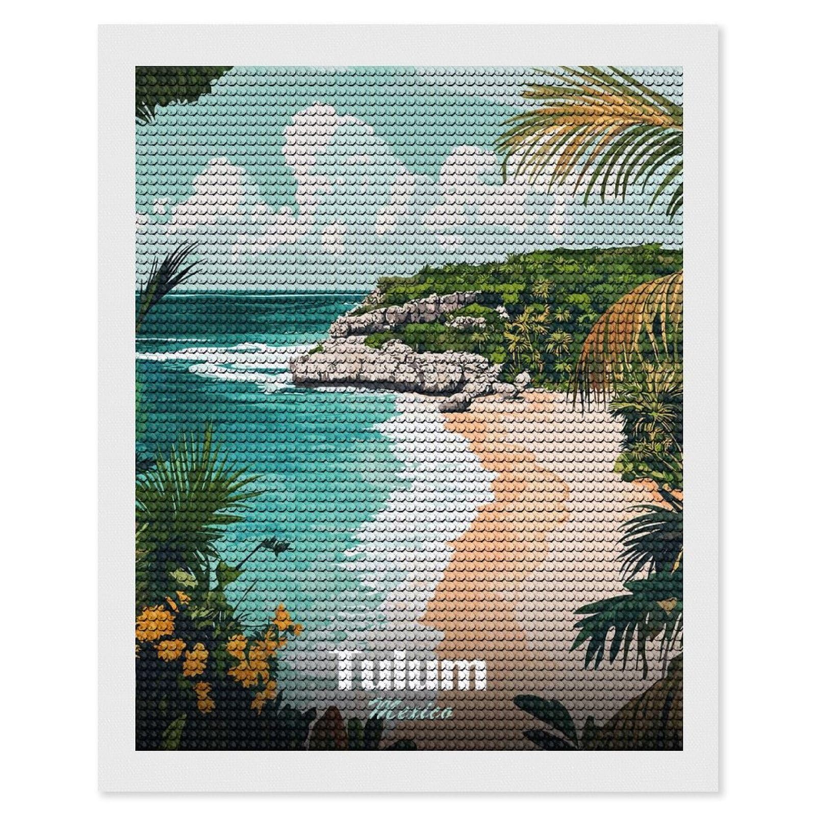 Junmoney Tulum Mexico Beach Landscape Illustration DIY Diamond Art Canvas Kit 16"x20", Winter Craft, Mindful Craft Project, Aesthetic Room Decor, Decor Project