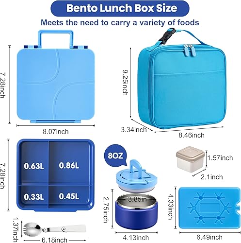 Miniatura 7 de Lonchera Bento con Termo de Sopa de 8 onzas, Contenedores de Comida con 4 Compartimentos a Prueba de Fugas para Niños con Taza de Salsa y Paquete de