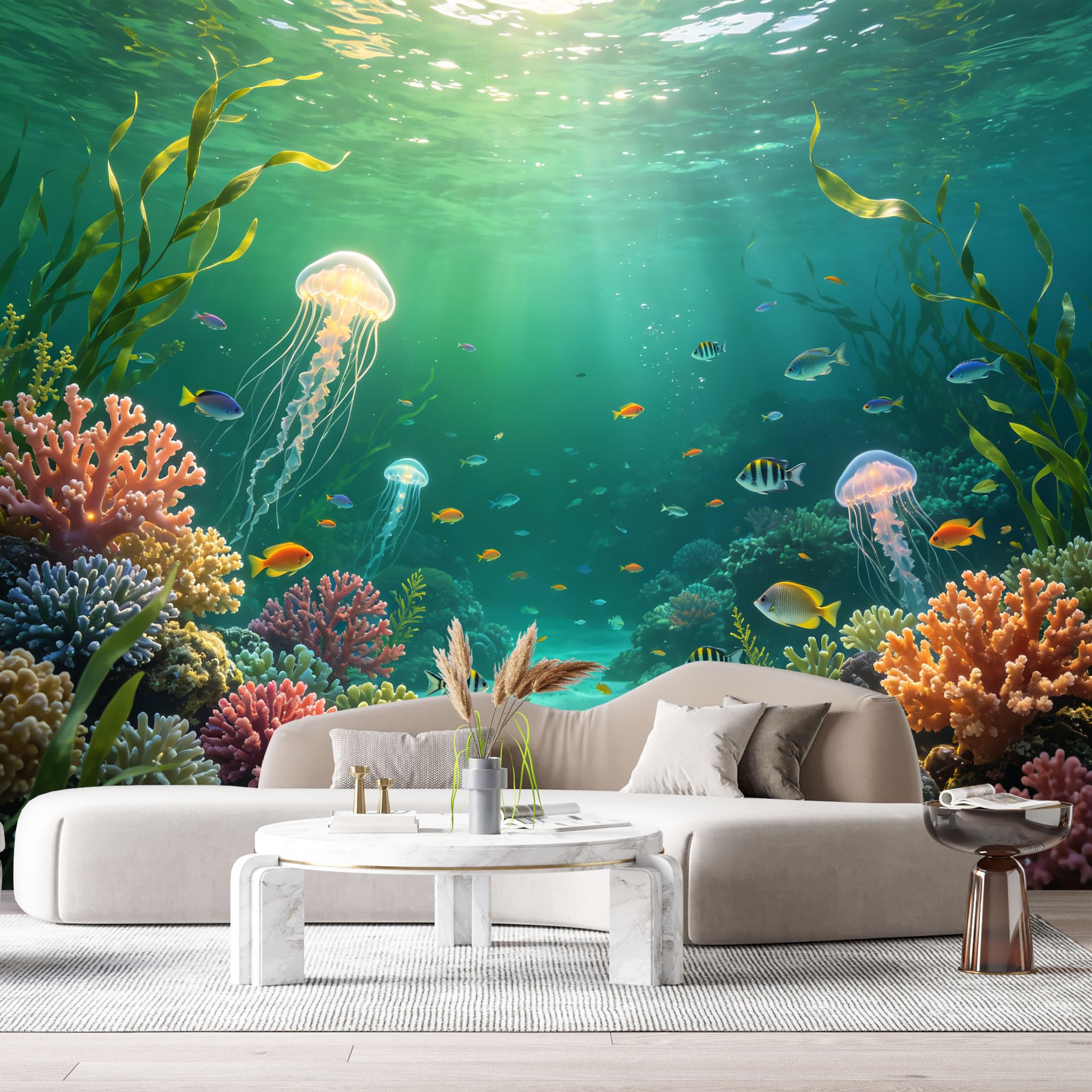 Custom Size Wall Murals Ocean Marine Jellyfish Coral Reef 3D SelfAdhesiveWall Fabric Removable Wallpaper Wall Decor for Living Room Bedroom Bathroom