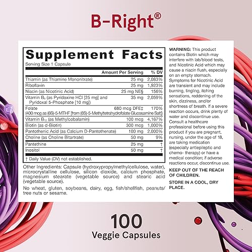 Miniatura 6 de Jarrow Formulas B-Right-100 Veggie Caps-Low-Odor Vitamin B-Complex Formula-Energy  Metabolism Support-Dietary Supplement Promotes Brain Heart