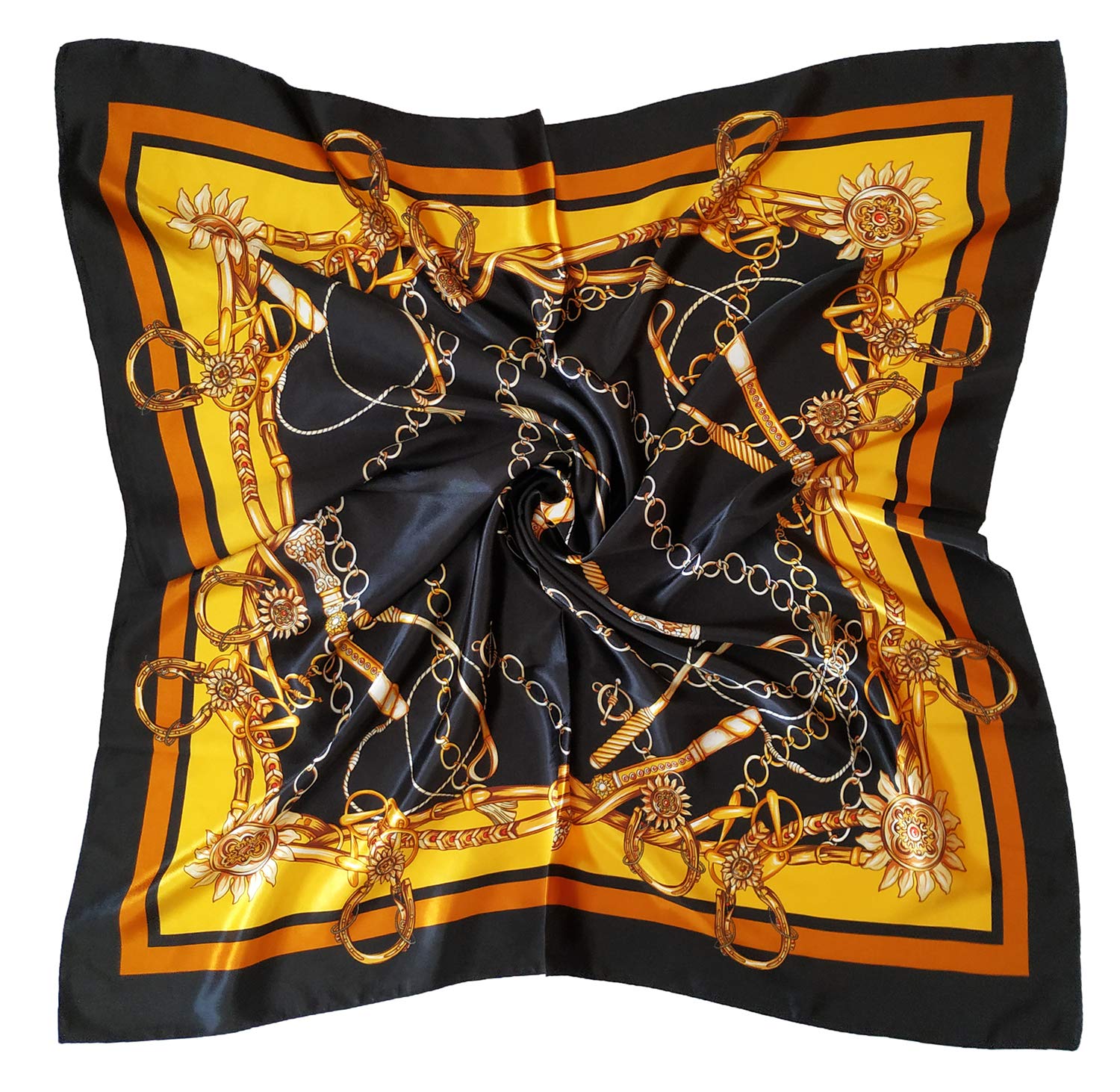 Vabovin Women's 014 Black Golden Chain 35" Satin Square Silk Like Hair Scarves And Wraps Headscarf For Sleeping (Black Golden Chain)