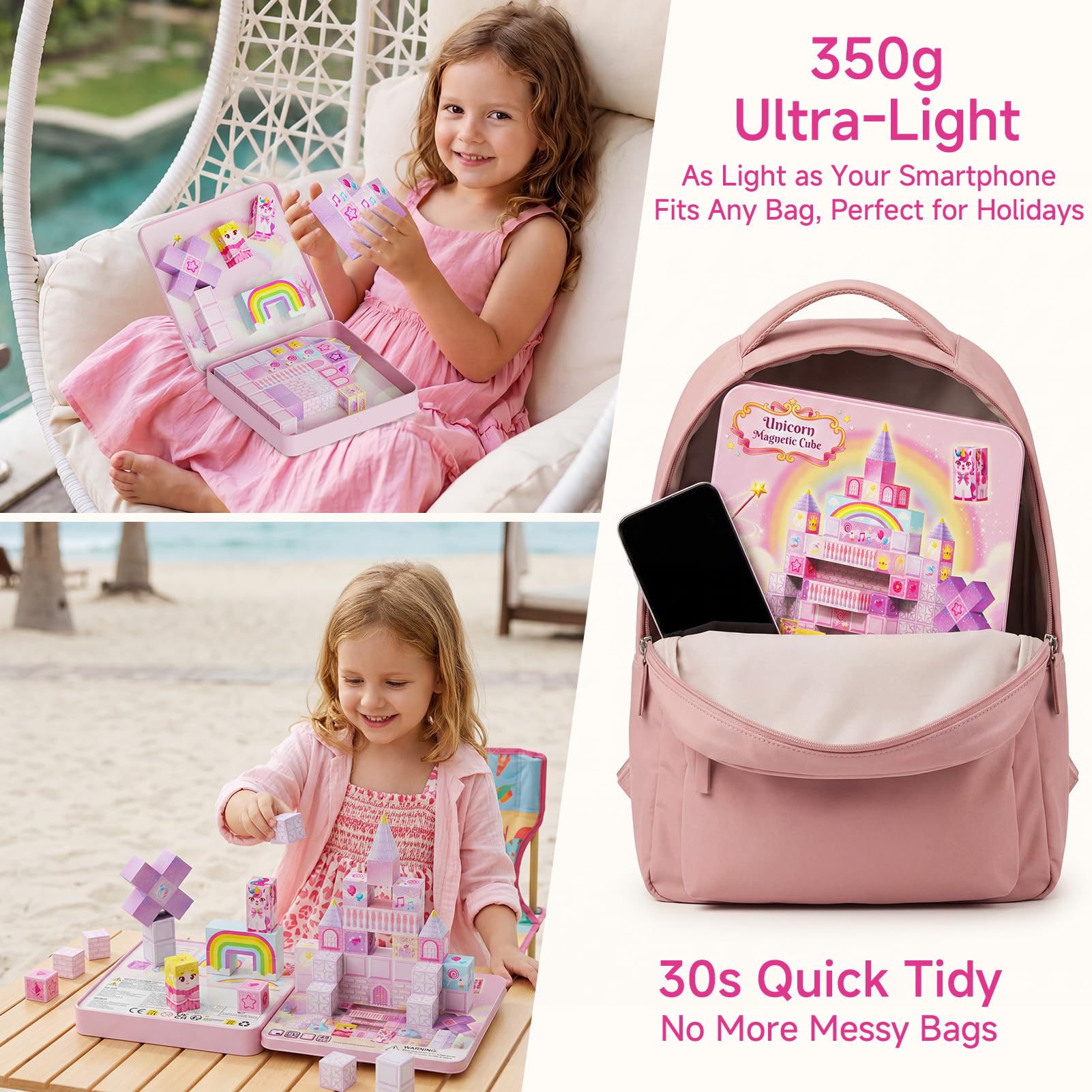 burgkidz 48-teiliges Einhorn-Magnetbausteine-Set – 2 cm Magnetwürfel mit Zauberstäben & Reiseblechdose – 30s Aufräumen für Zug, Flugzeug & Camping – Prinzessinnen-Geschenk für Mädchen ab 3 Jahren