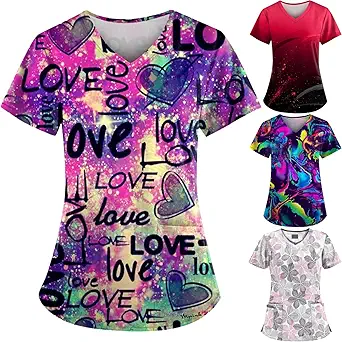 OIOLOYJM Printed Scrub Tops Women Short Sleeve V Neck Plus Size Scrubs for Womens Nursing Uniforms Shirts with Pockets