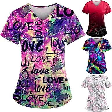 OIOLOYJM Printed Scrub Tops Women Short Sleeve V Neck Plus Size Scrubs for Womens Nursing Uniforms Shirts with Pockets