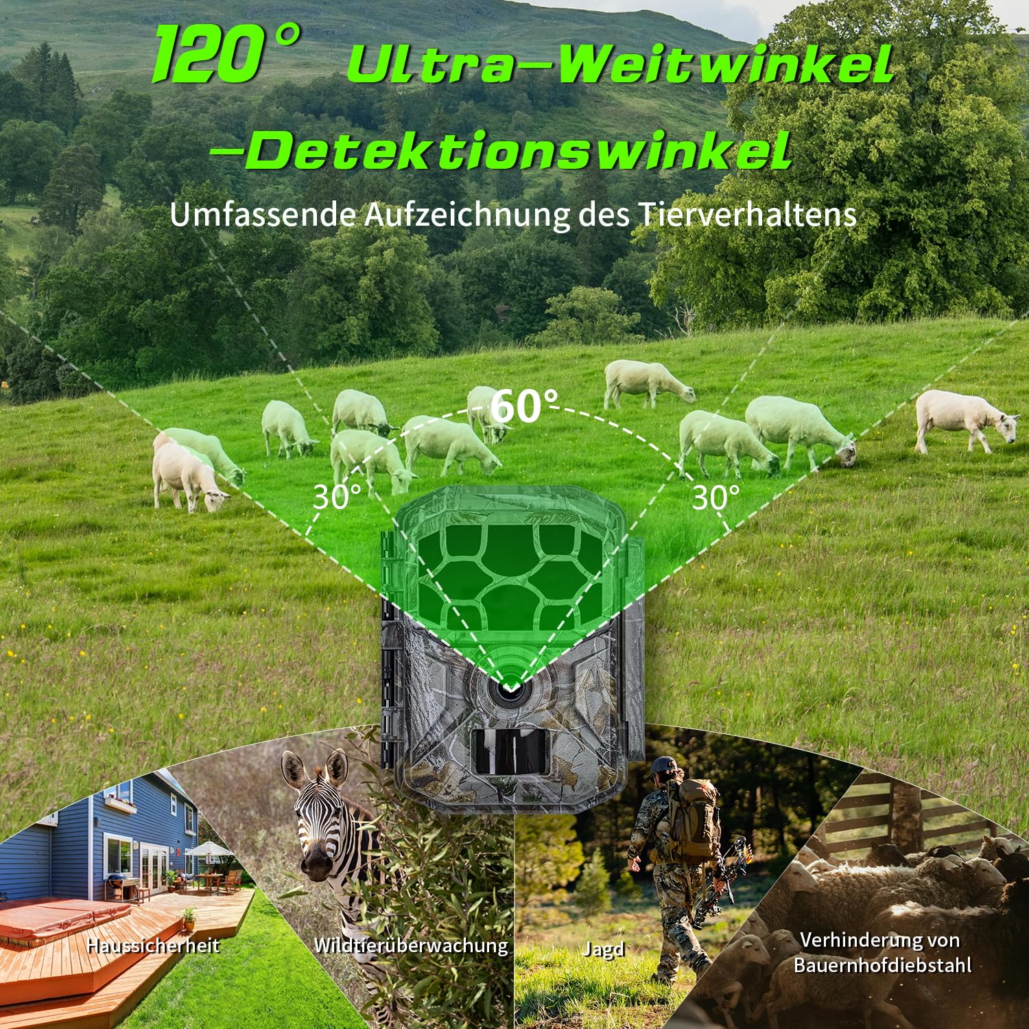 Wildkamera Solar WLAN mit Handyübertragung App 7800mAh Akku - 4K 60MP Wildtierkamera Bluetooth mit Bewegungsmelder Nachtsicht, 32GB SD-Karte, Nachtsichtkamera 0,1s Auslösezeit, IP66 Wasserdicht