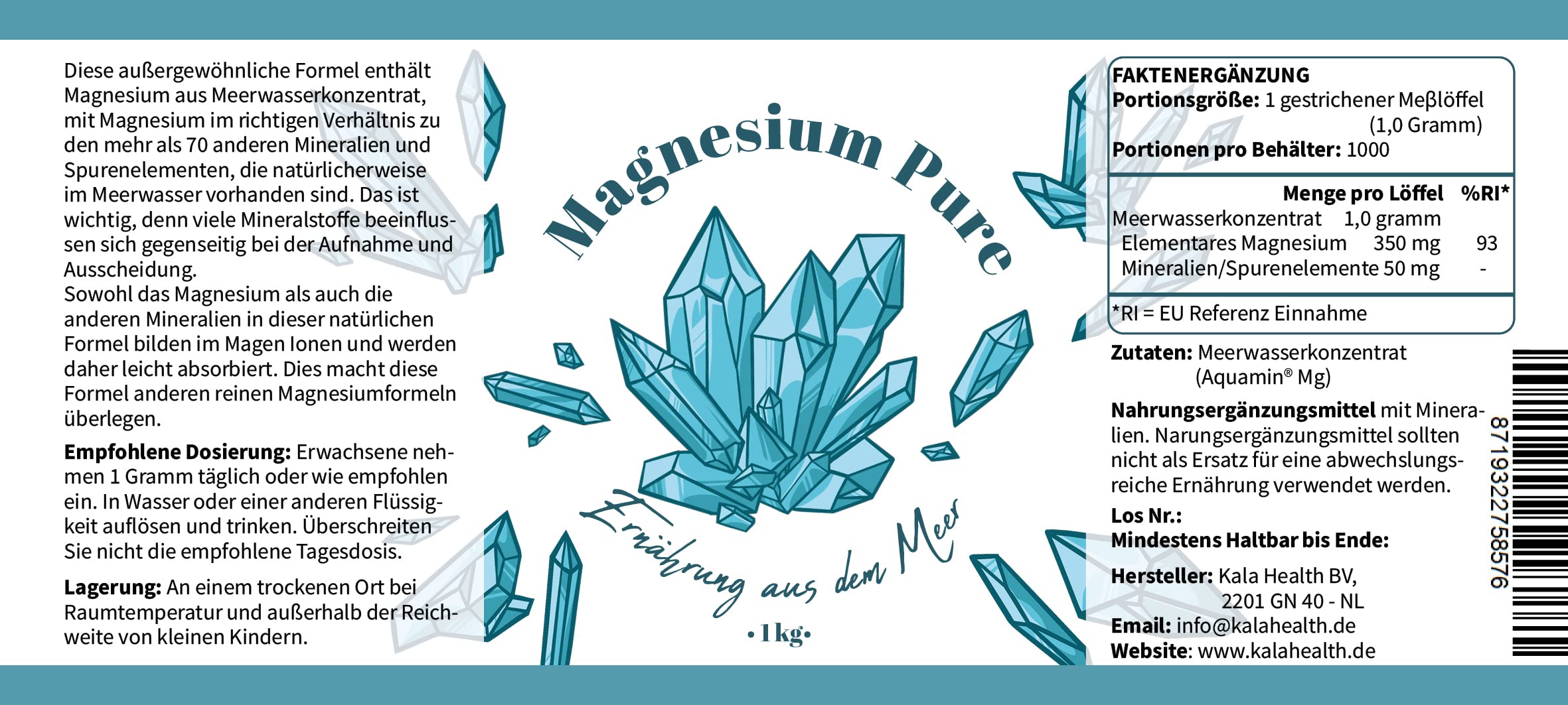 Naturliches Magnesium Pure Aquamin Magnesium 1000g Hochdosiert 350 mg Elementares Magnesium pro Gramm - Reines Magnesium Pulver mit Aquamin für mehr Energie und Muskelentspannung