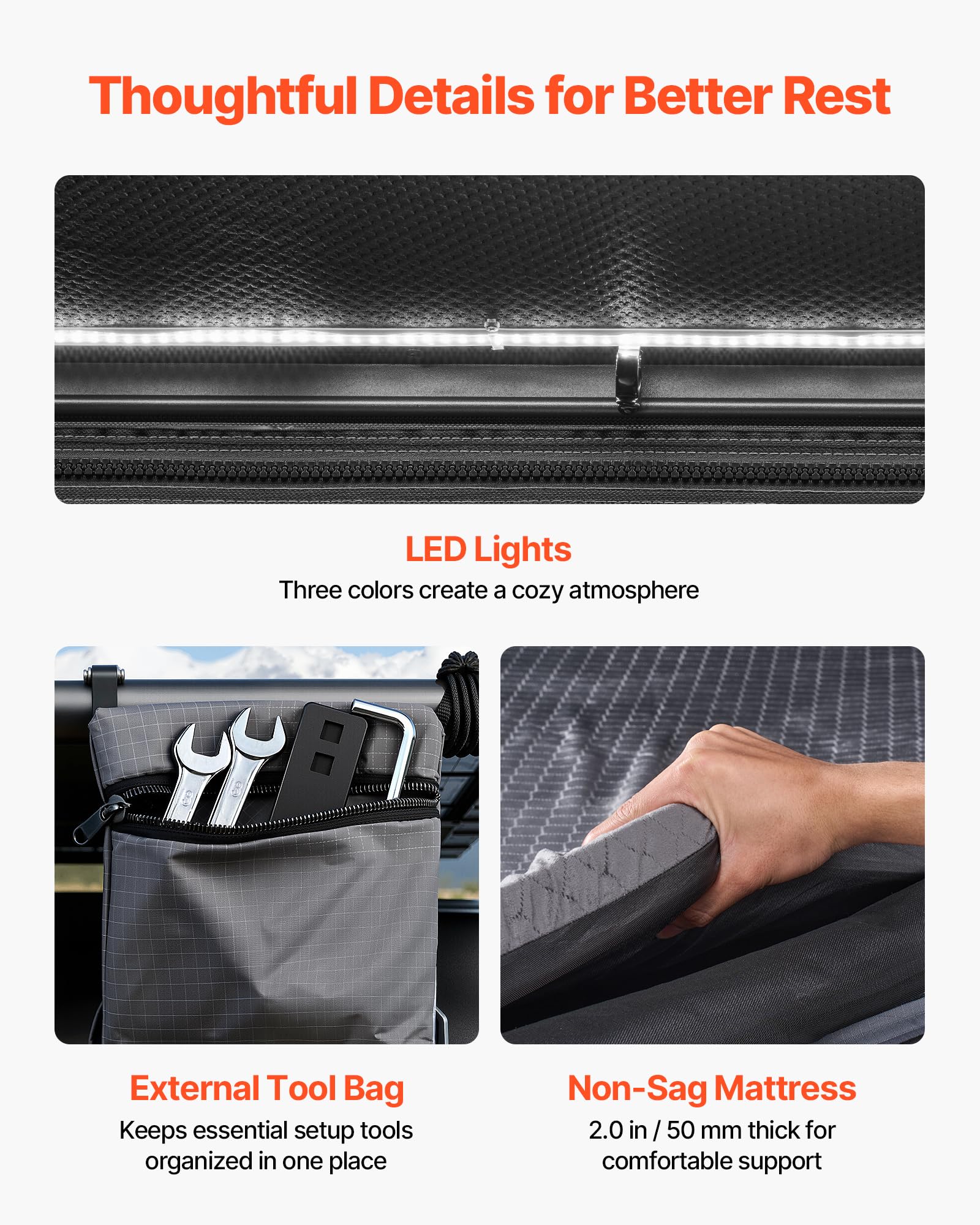 VEVOR Tienda de Techo Rígida para 2-3 Personas, Tienda de Campaña para Techo de Coche con Luz LED, Colchón Grueso y Una Ventana, Impermeable y Resistente al Viento, para Jeep, SUV, Camionetas