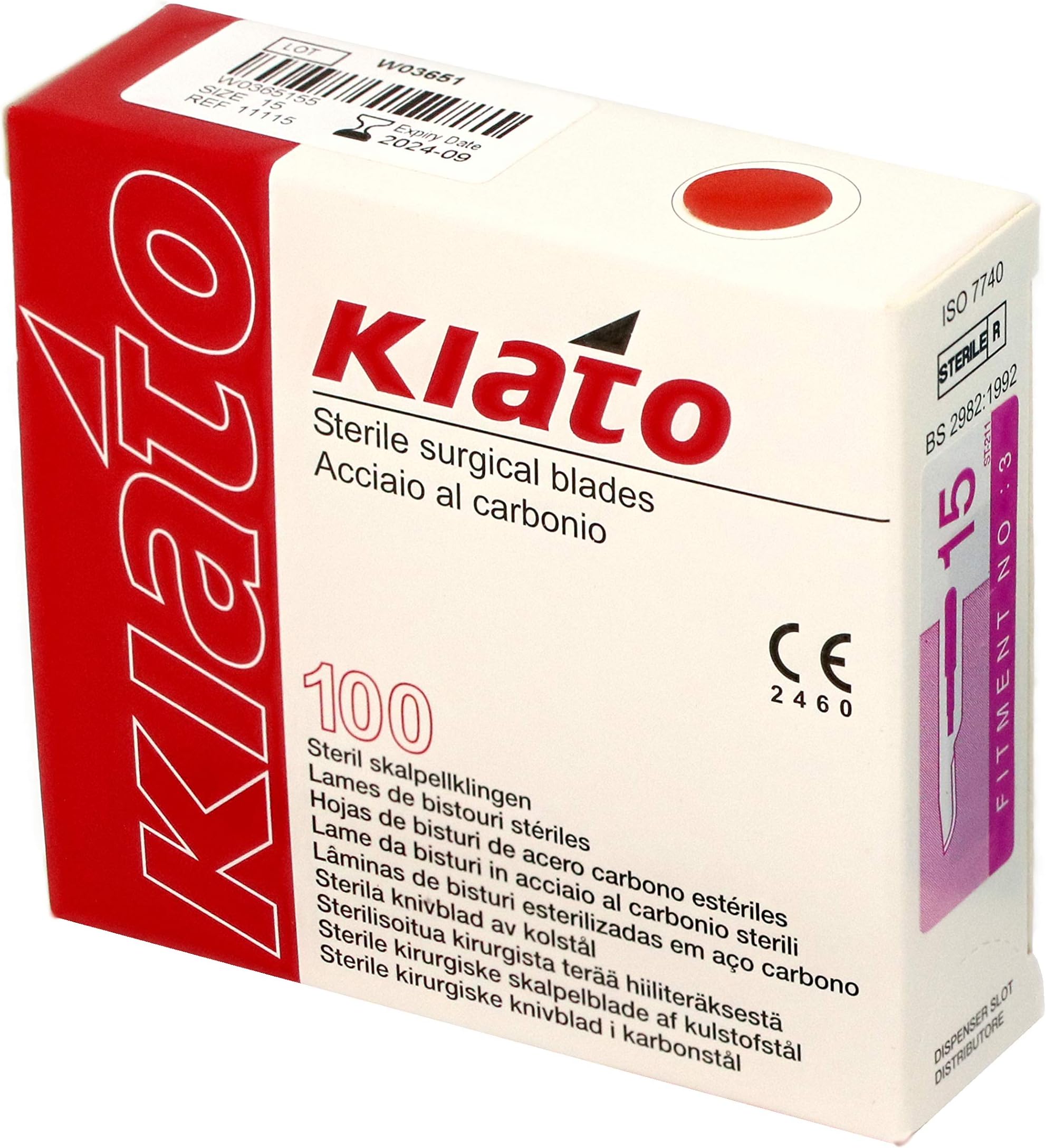 KIATO No.15 STERILE Swiss Carbon Steel Short Curved Cutting Edge Ultra Thin Sharp Surgical Scalpel Blades Individually Wrapped in Foils Disposable 100-count Box Long Expiry Date