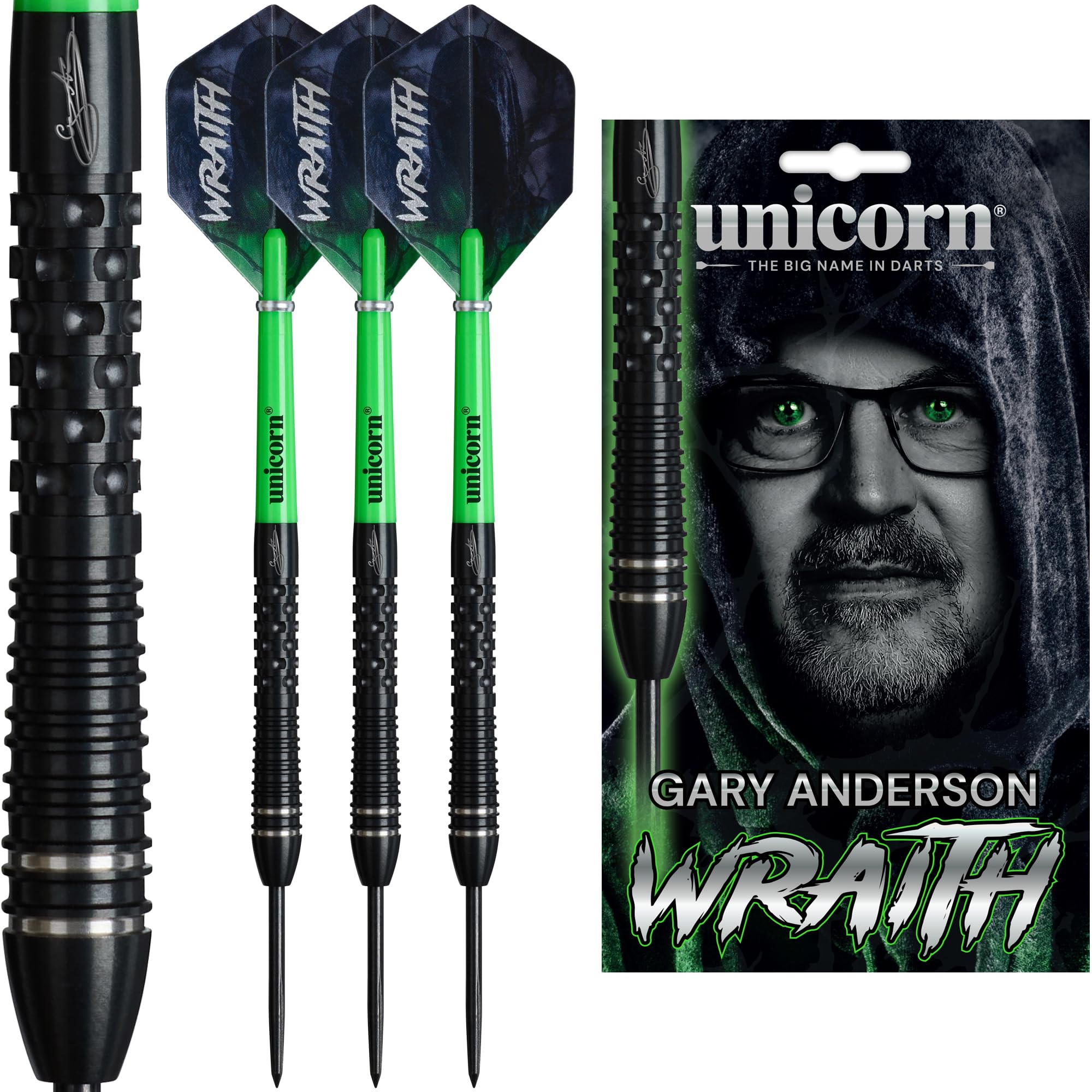 Unicorn | Gary Anderson | Wraith | 90% Tungsten Barrels Extra Grippy Machined Grooves | Steel Tip Darts Set | The Flying Scotsman | Noir Black Volute Points | 21g, 22g, 23g, 24g or 25g (25 g)