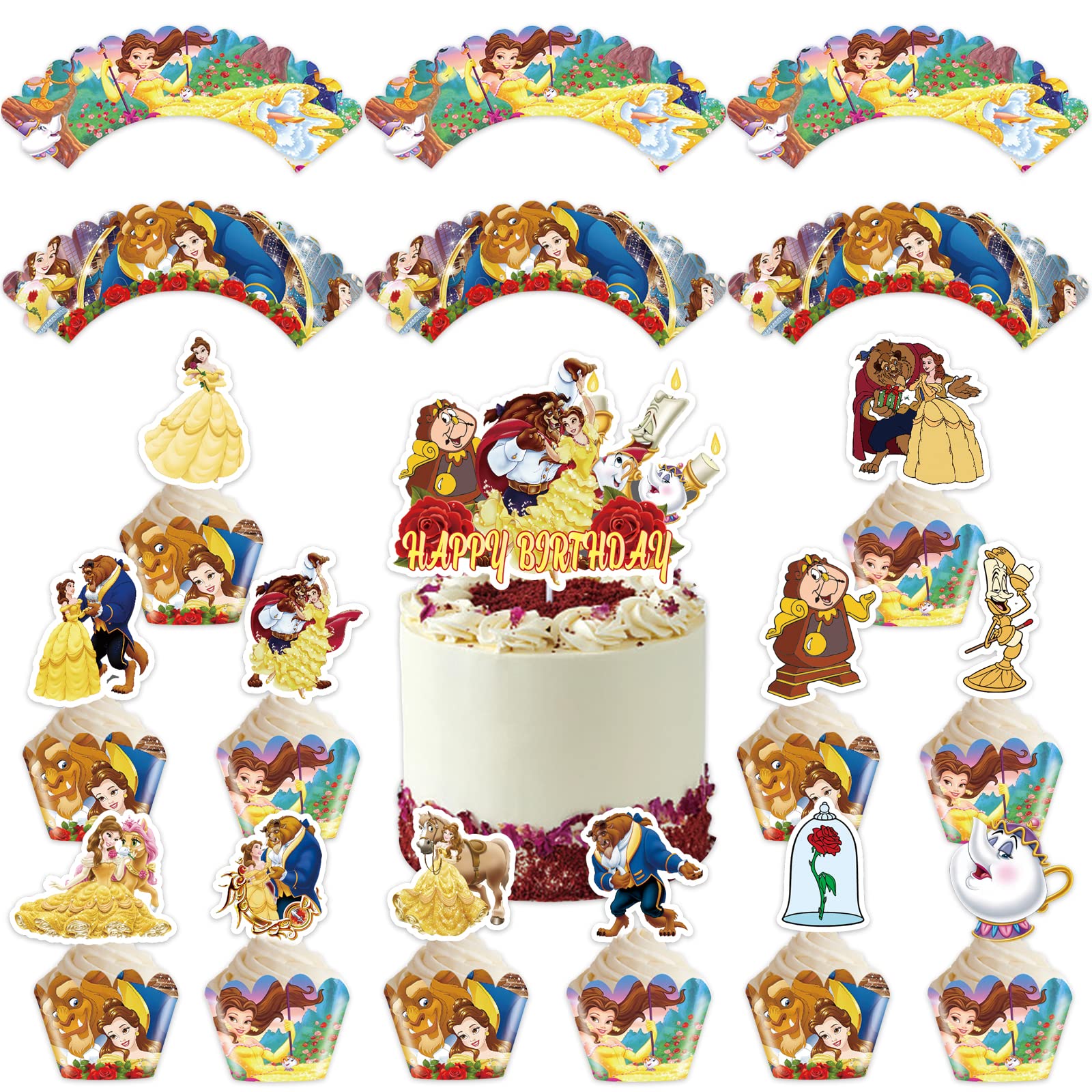 49 PCS Beauty and The Beast Party Supplies,Cupcake Topper and Cupcake Wrapper Cartoon Beauty and The Beast Themed Party Favors for Princess Belle Birthday Party Cupcake Decorations
