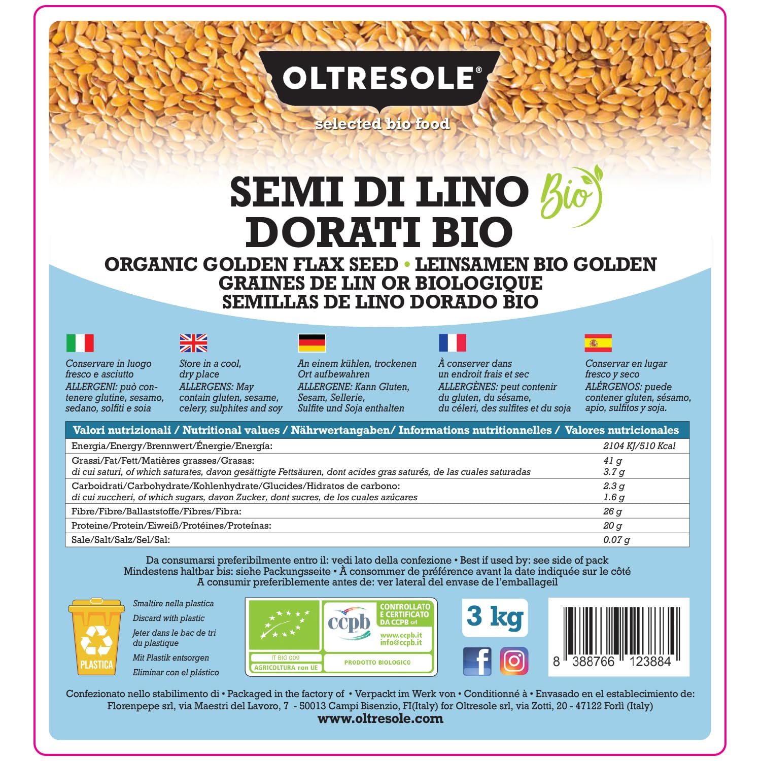 Oltresole, Semi Biologici di Lino Dorati 3 kg, Semi Oleosi Crudi, Interi e Chiari, Ricchi di Minerali e Fibre, Fonte di Omega 3 e Antiossidanti, 100% Naturali, Confezione Ideale per Famiglie