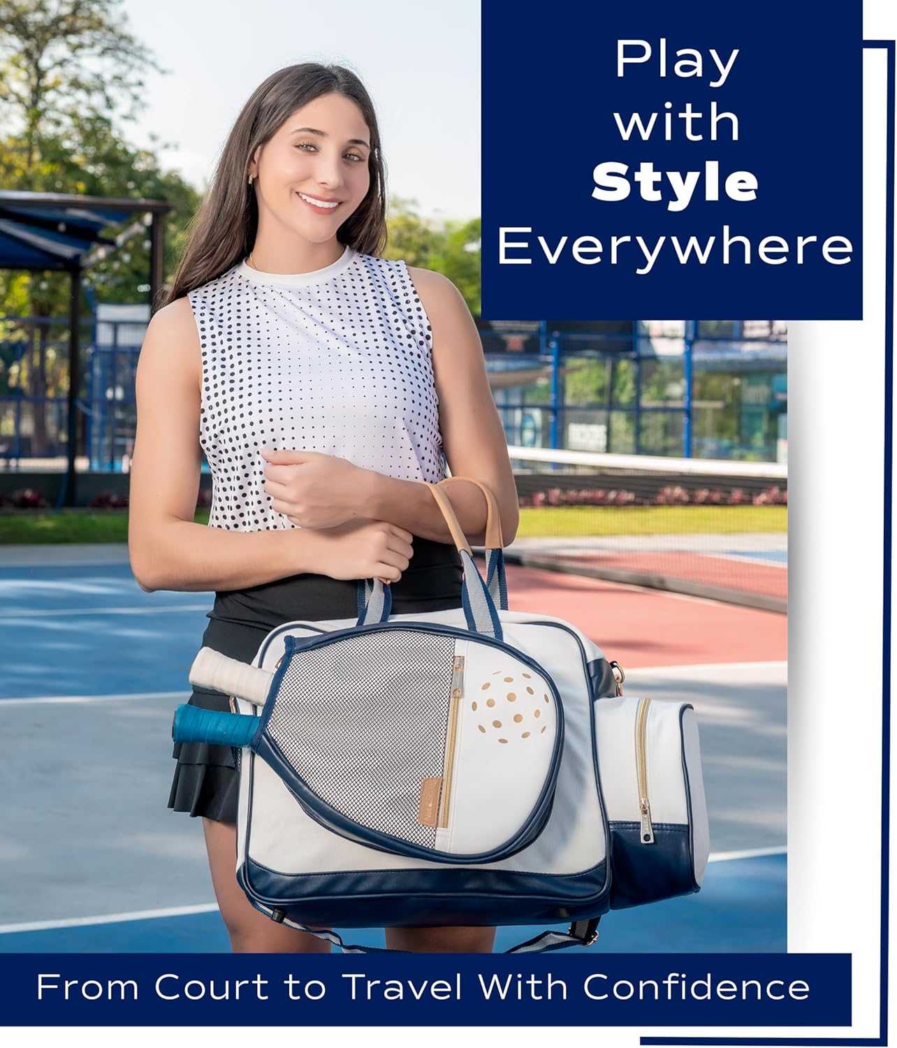 Net & Style Pickleball Bag Women Stylish Tote Large Capacity Paddle Holder Shoe Compartment Elegant Lightweight Design Durable Zipper Pockets Fence Hook White Navy Court Gym Travel Organizer - Image 7