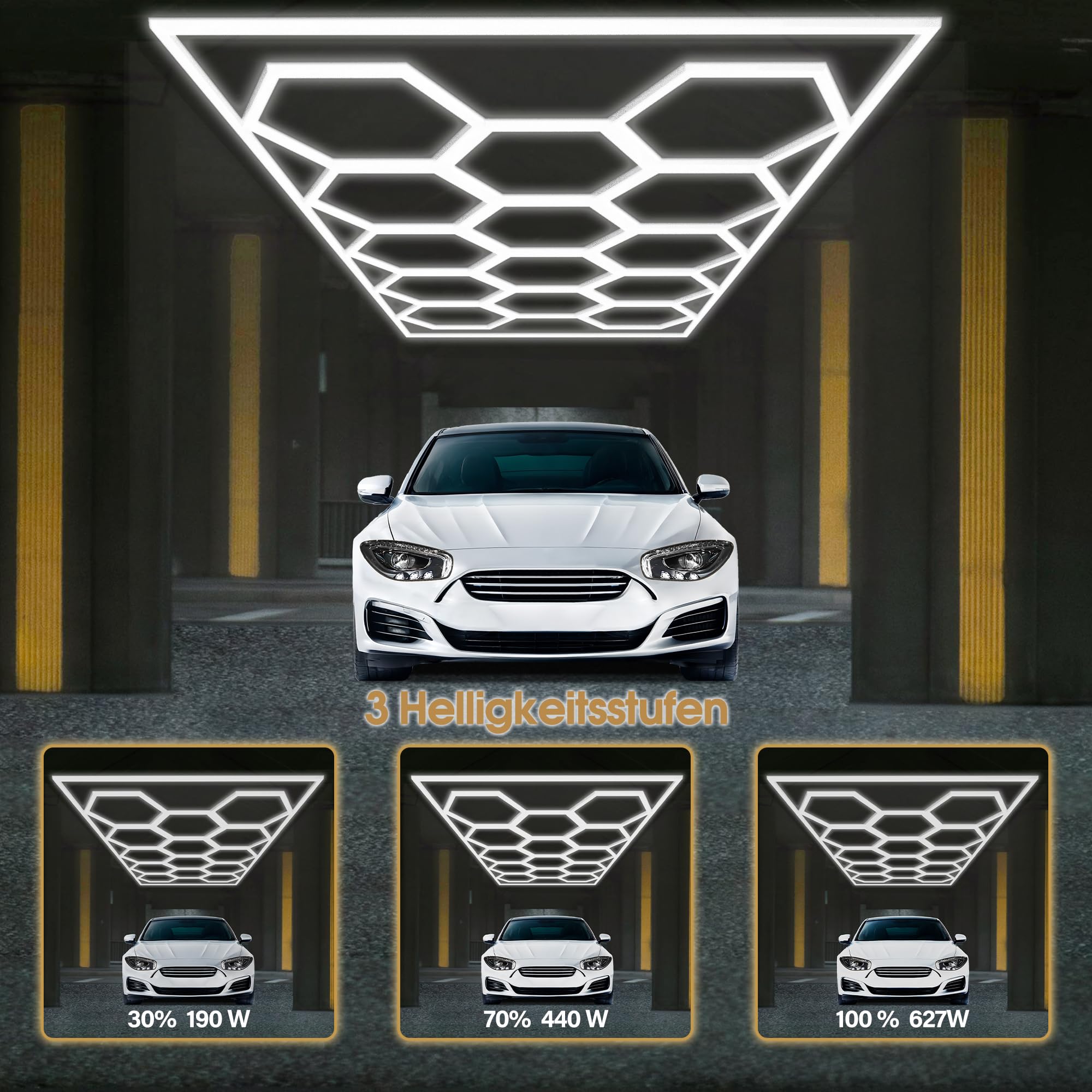 Barberpub Hexagon LED Garage Light, 68970LM 6500K Hexagon LED Beleuchtung für Werkstatt, Friseursalon, 14 Grid, dimmbar (Aluminium)