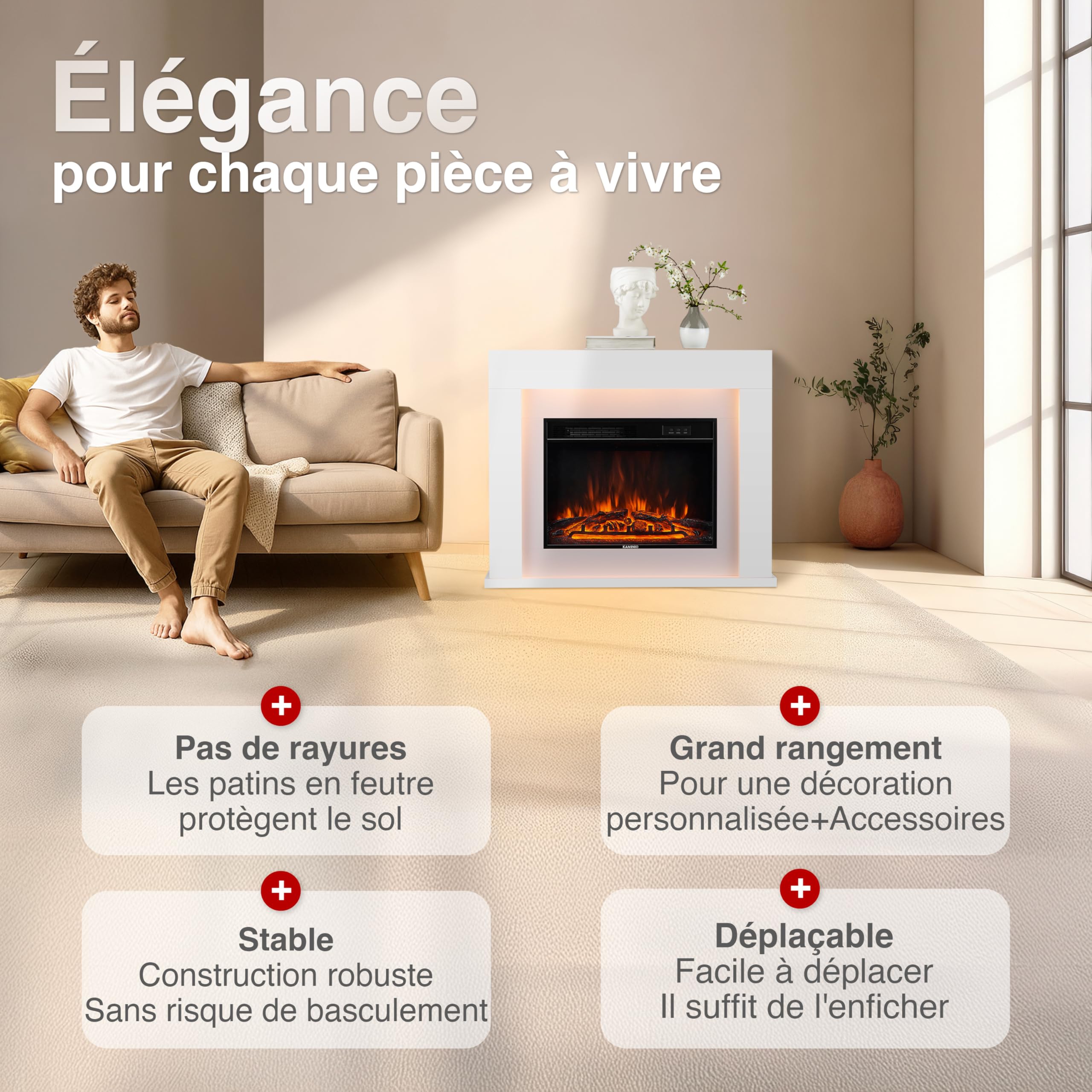 KAMINIO Cheminée Electrique Matti - Cheminée Électrique sur Pied avec Chauffage, Effet de Flamme 3D, lumière d'ambiance LED, télécommande - 38 Pouces (Blanc)