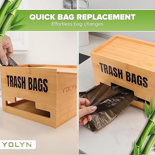 Miniatura 2 de YOLYN Dispensador de bolsas de basura  Dispensador de bolsas de bambú natural para bolsas de plástico  Soporte para rollo de bolsas de basura con