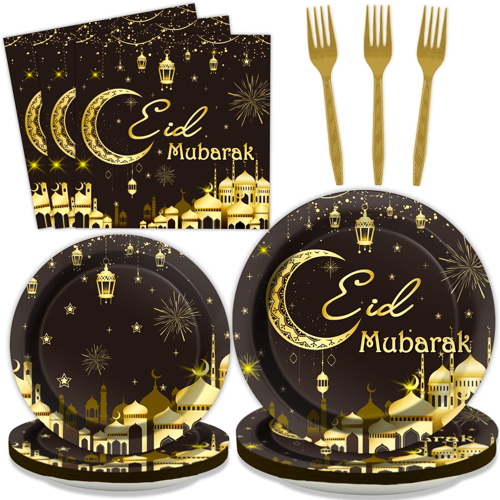 Tevxj 96PCS Eid Mubarak Tableware Set Ramadan Dinnerware Disposable Dessert Plates Eid Al-Adha Mubarak Black and Gold Party Plates Napkins Forks for Eid Al-fitr Party Decorations Supplies 24 guests