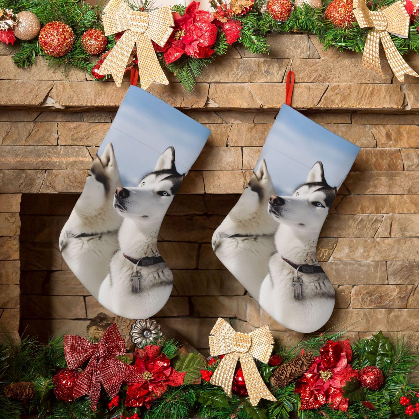 KLOPH Christmas Stockings 18" Personalized Xmas Stocking Husky Dogs Decoration Stocking Hanging Fireplace Stocking for Holiday Xmas Tree Christmas Fireplace Decor