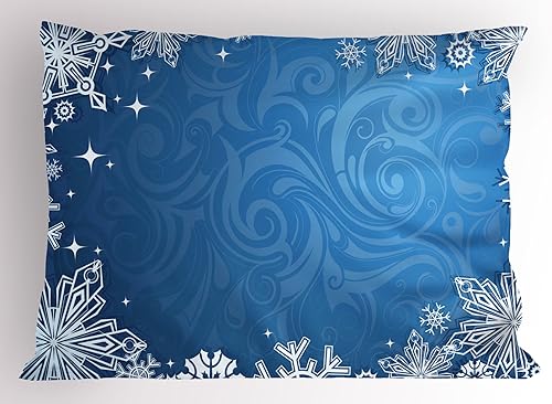 Lunarable Funda de almohada de copo de nieve, marco de temporada navideña con fondo en remolino, elementos simétricos abstractos, funda de almohada