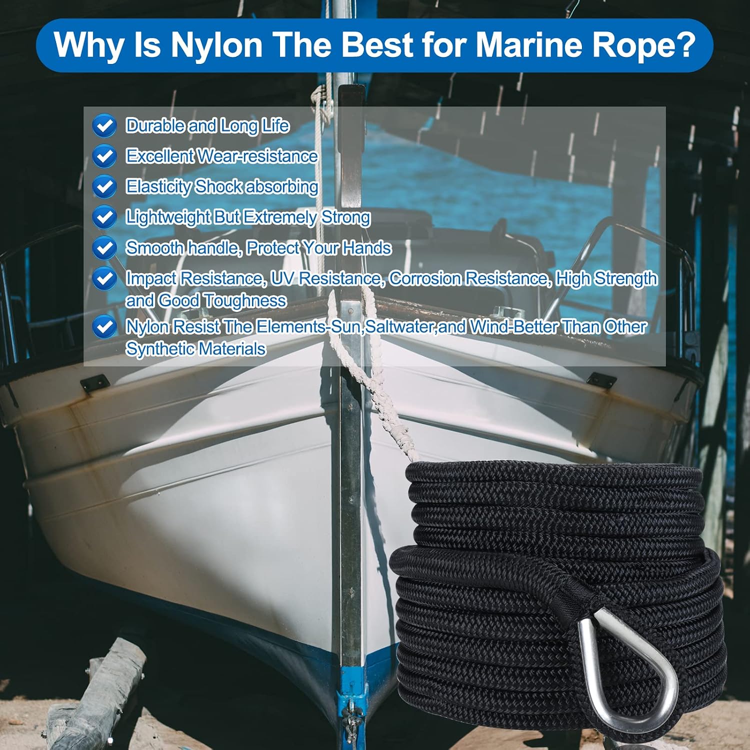 Double Braid Nylon Anchor Rope 5/8 Inch x 150 Feet with Stainless Steel Thimble-High Strength Anchor Line Safe Workload: 1600LBS;Tensile Strength:9000 LBS