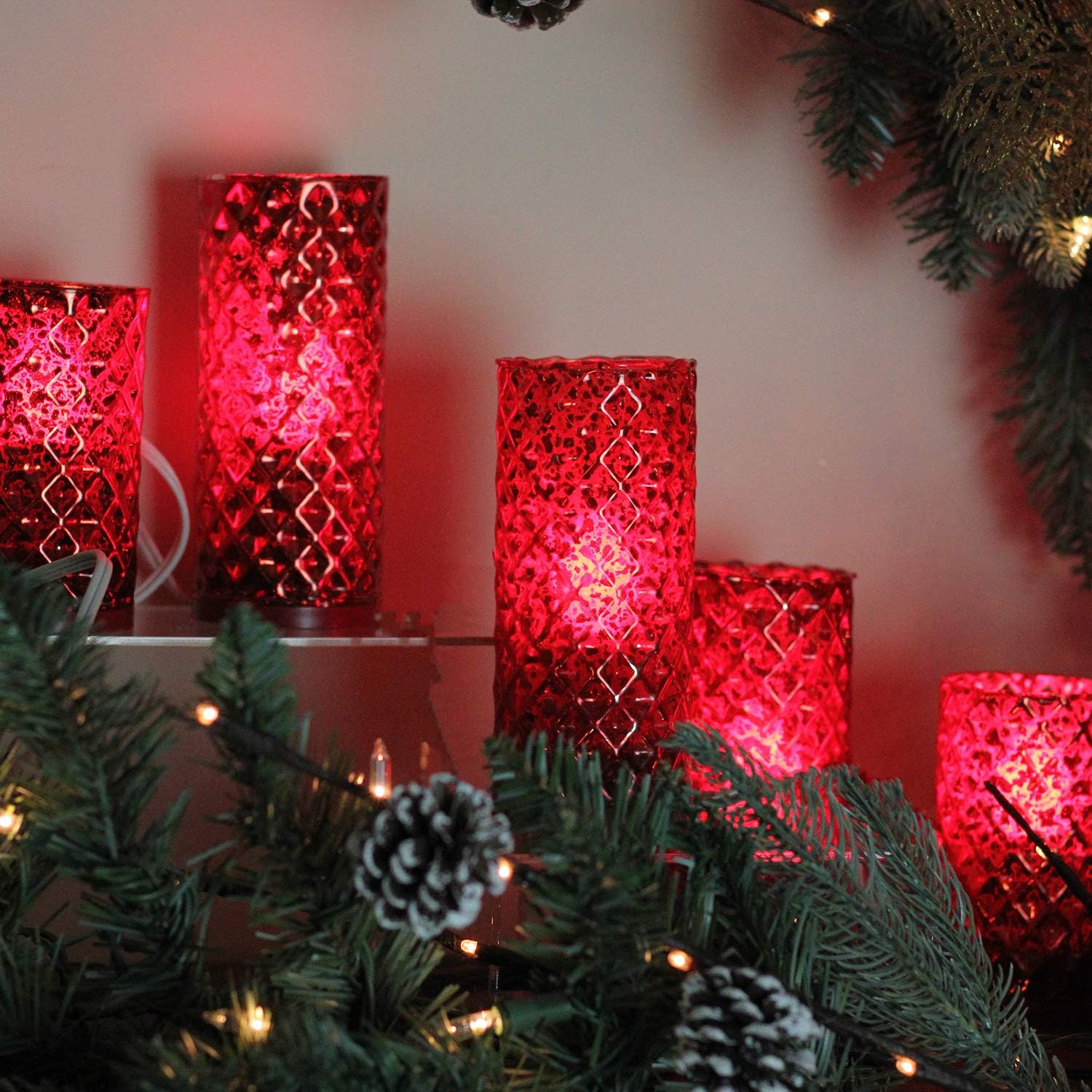 Exclusive 5-Count Red Diamond Faceted Flameless Pillar Candle Christmas Light Set, 3.1ft White Wire