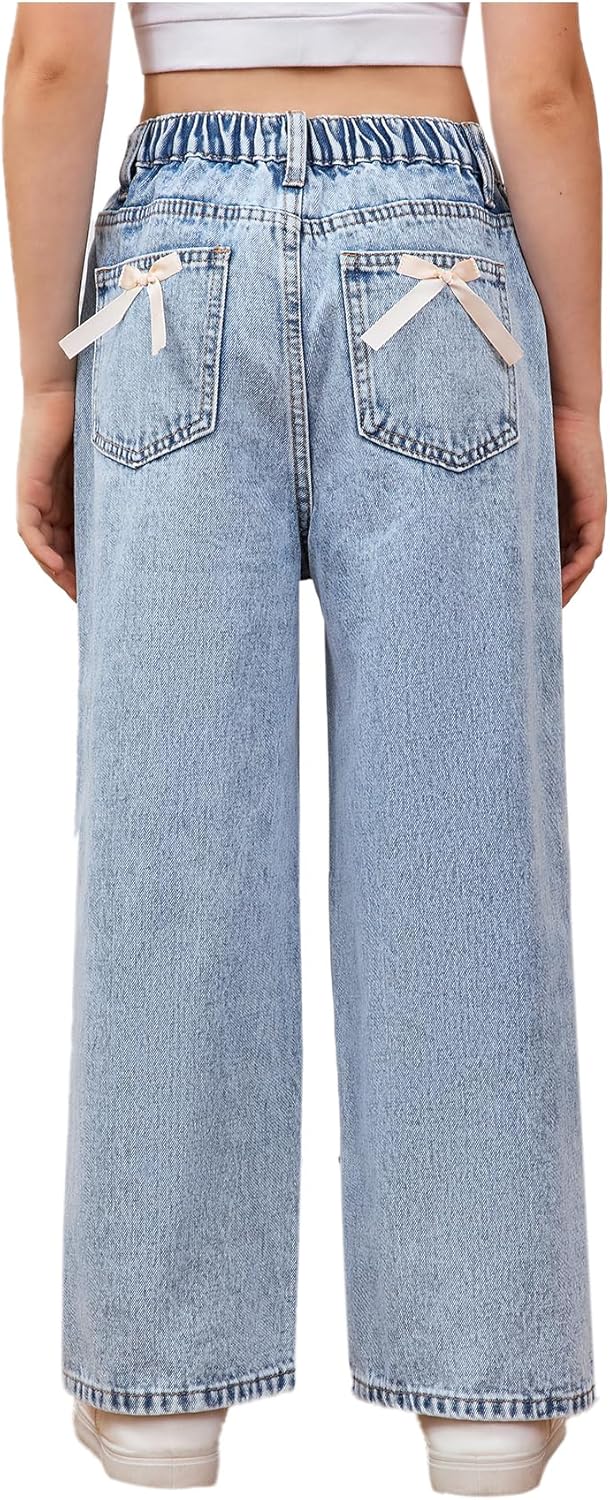 Girl's Bow Print Back Zipper Fly Wide Leg Denim Pants