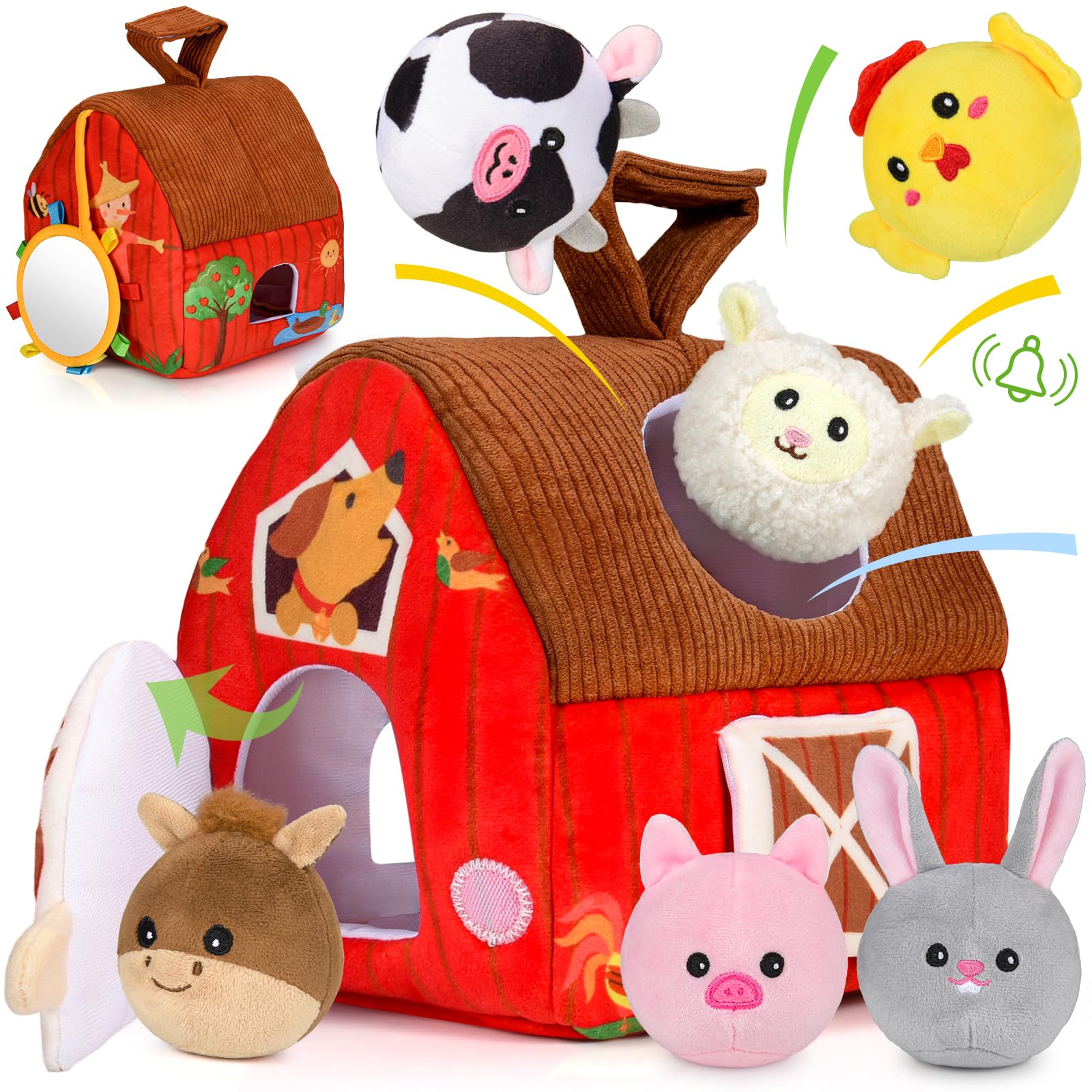 Aojieni Baby Toys 6-12 Months, Plush Surprise Barn with Stuffed Farm Animals, Rattle, Crinkle Paper, Mirror, Busy Montessori Toys for Babies, Infant, Newborn, Sensory Toys for Toddlers 1-3