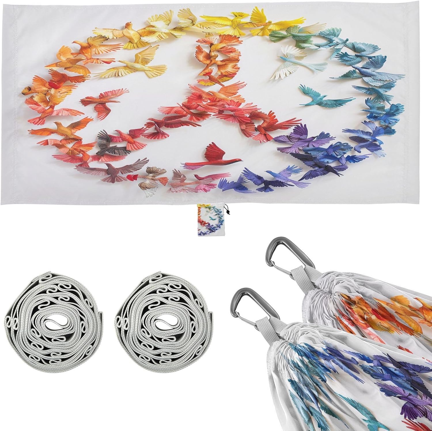 ALAZA Colorful Peace Sign Dove Camping Hammocks Single or 2 Person 500 lbs Portable Parachute Travel Hammock w/Tree Straps for Hiking Backpacking Indoor Outdoor