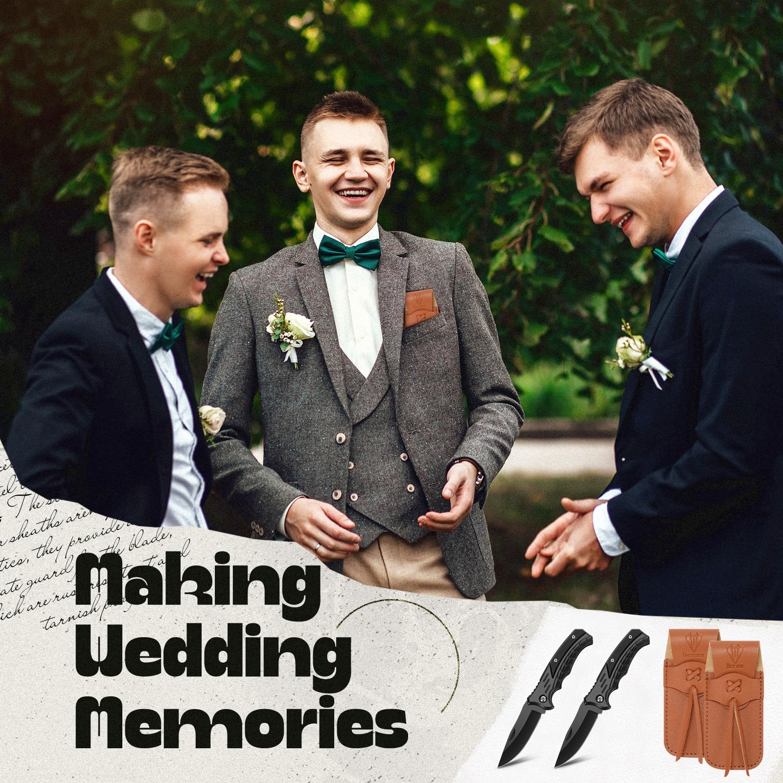 Abbylike 6 Set Groomsmen Gifts Personalized Groomsmen Pocket Knife with Leather Sheaths Mini Folding Knives Proposal Gifts for Wedding Party Favors(Classic,Black)
