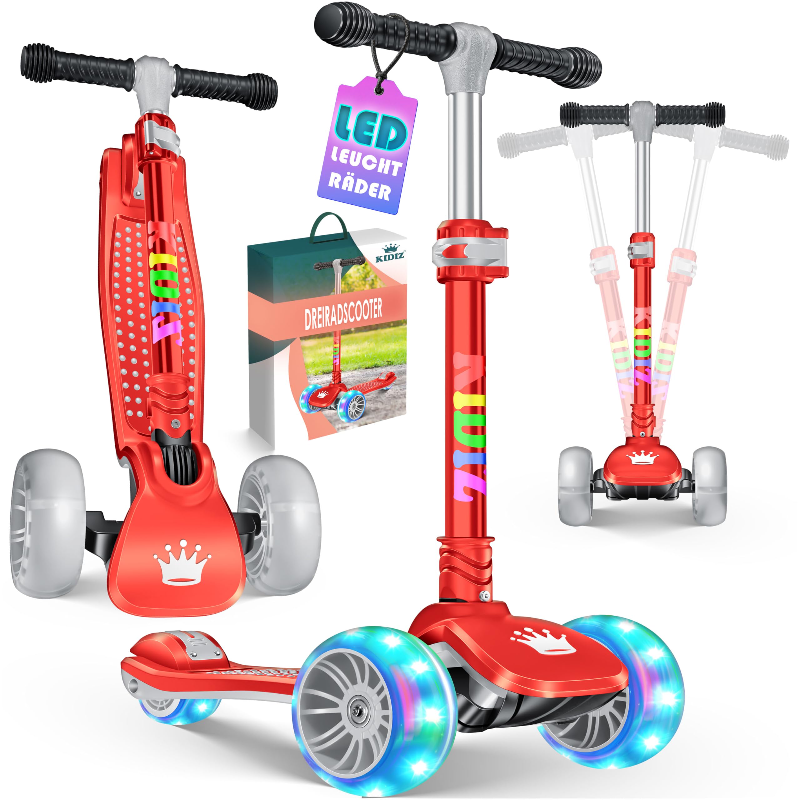 KIDIZ® Trottinette Pro1 à 3 Roues avec LED en polyuréthane - Hauteur réglable