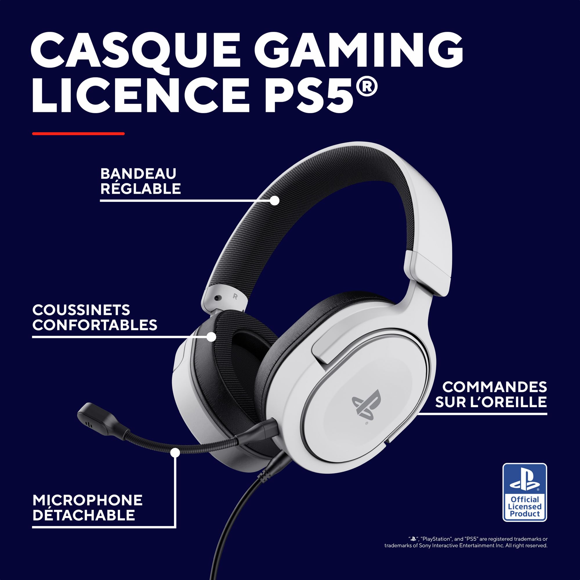 Trust Gaming GXT 498W Forta Casque PS5 Durable, Licence Officielle pour PlayStation 5, Casque Gamer PS4, Arceau Réglable, Câble de 1,2 m, Casque Gaming Over Ear avec Microphone Détachable, Blanc