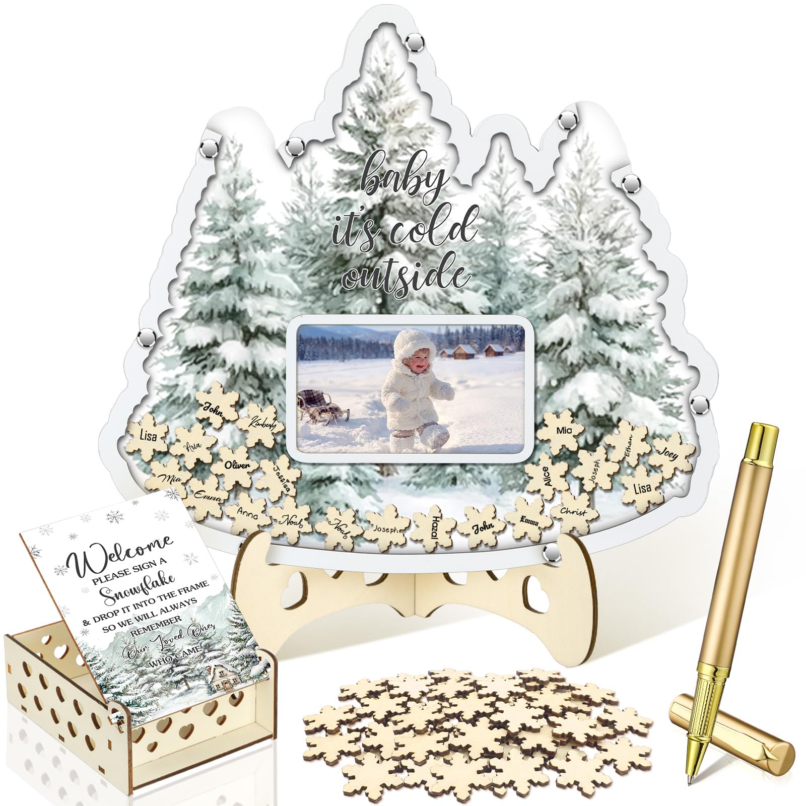 Wenqik 63 Pcs Baby It's Cold Outside Baby Shower Guest Book, White, Green