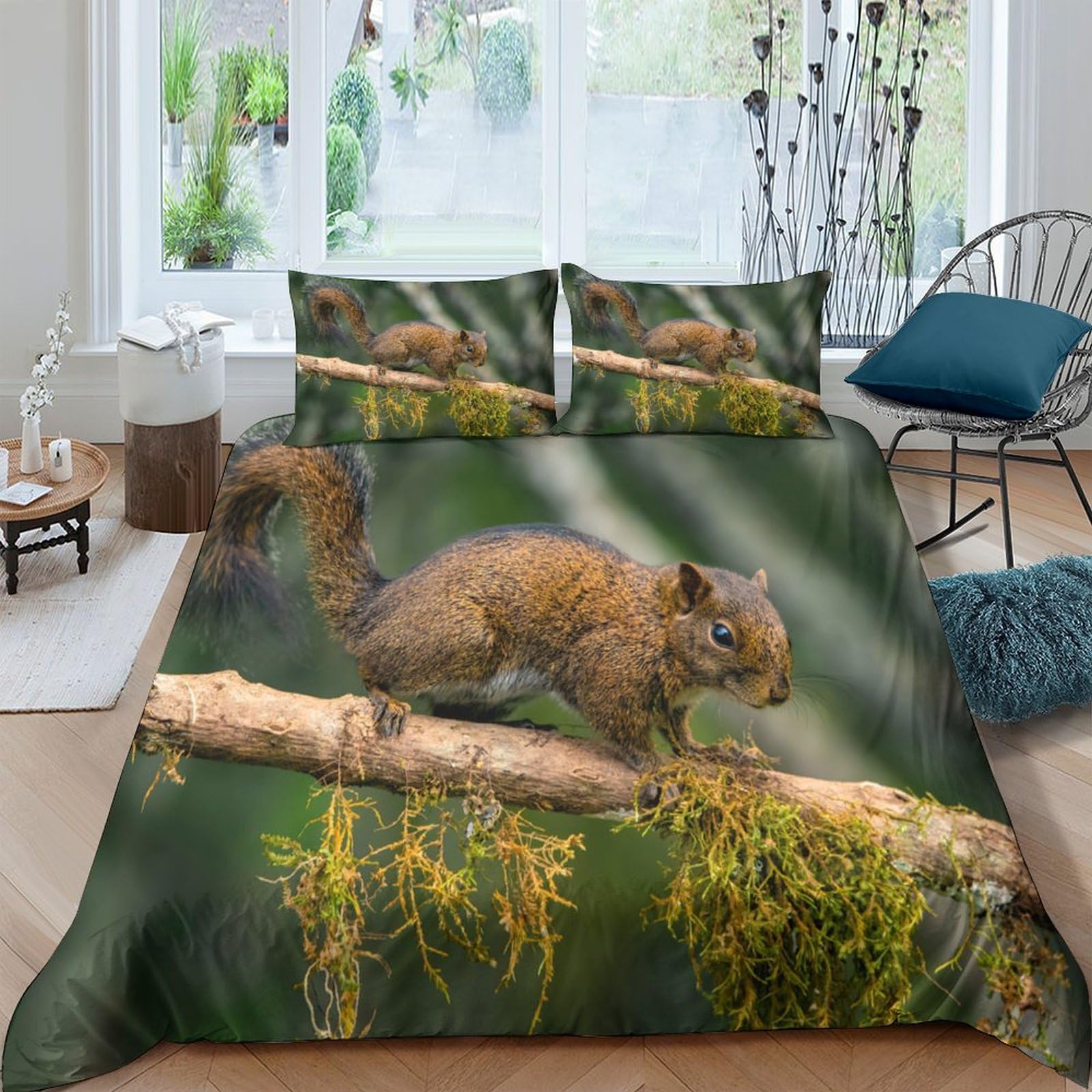 Ctjqhvkz Style-4 3D Printed Squirrel Forest Fitted Sheet Microfiber Soft Green Woodland Bed Cover For Home Bedroom Decor Single（135X200cm）