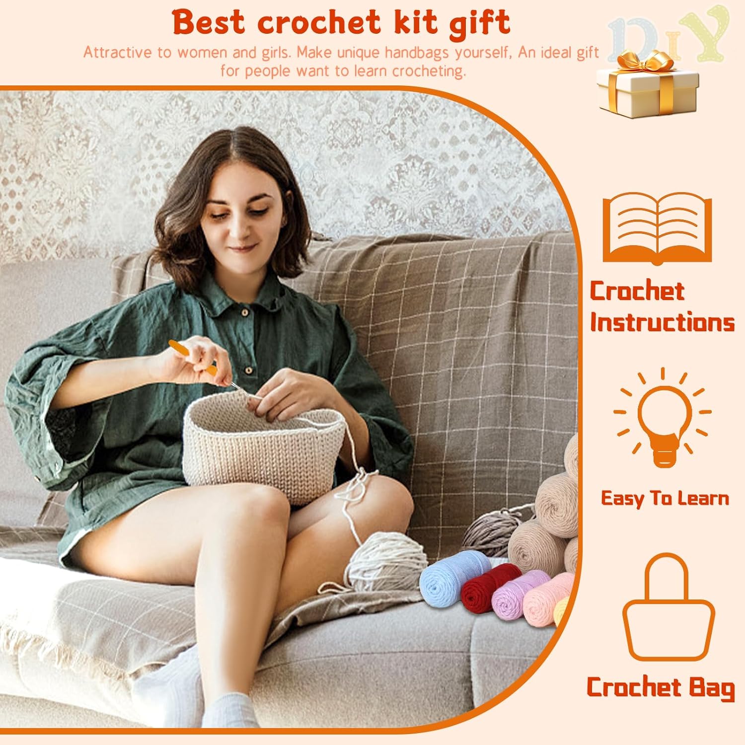 Pnytty Crochet Bag Kit for Beginners Complete Starter Set with Yarn, Hook & Step-by-Step Video Tutorials DIY Shoulder Bag Crafting Gift for Adults (Beige)