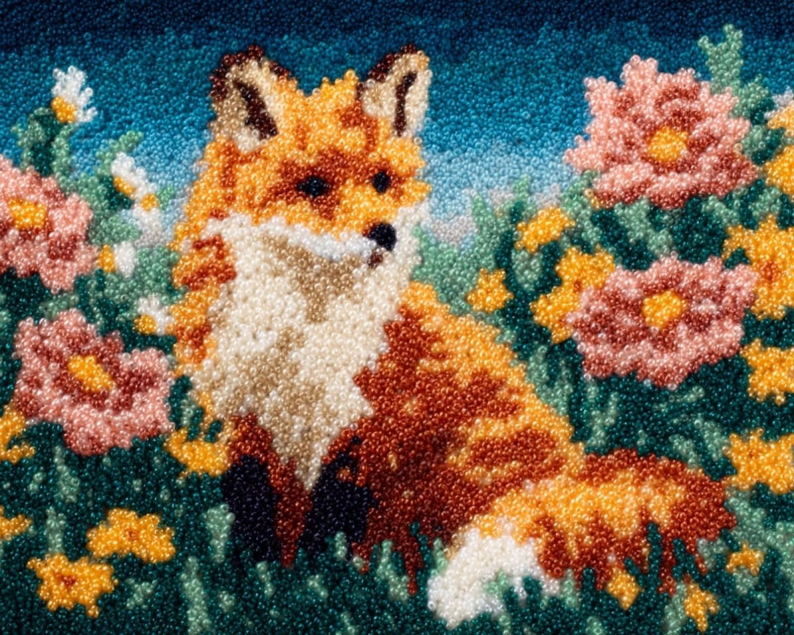 Wallphantom 002 Latch Hook Kits Rugs,Foxes And Flowers,Handmade Self Knotting Set,Tapestry Kits For Adults,Cushion Latch Hook Rug Pre-Printed Pattern Craft For Adults,80X115cm