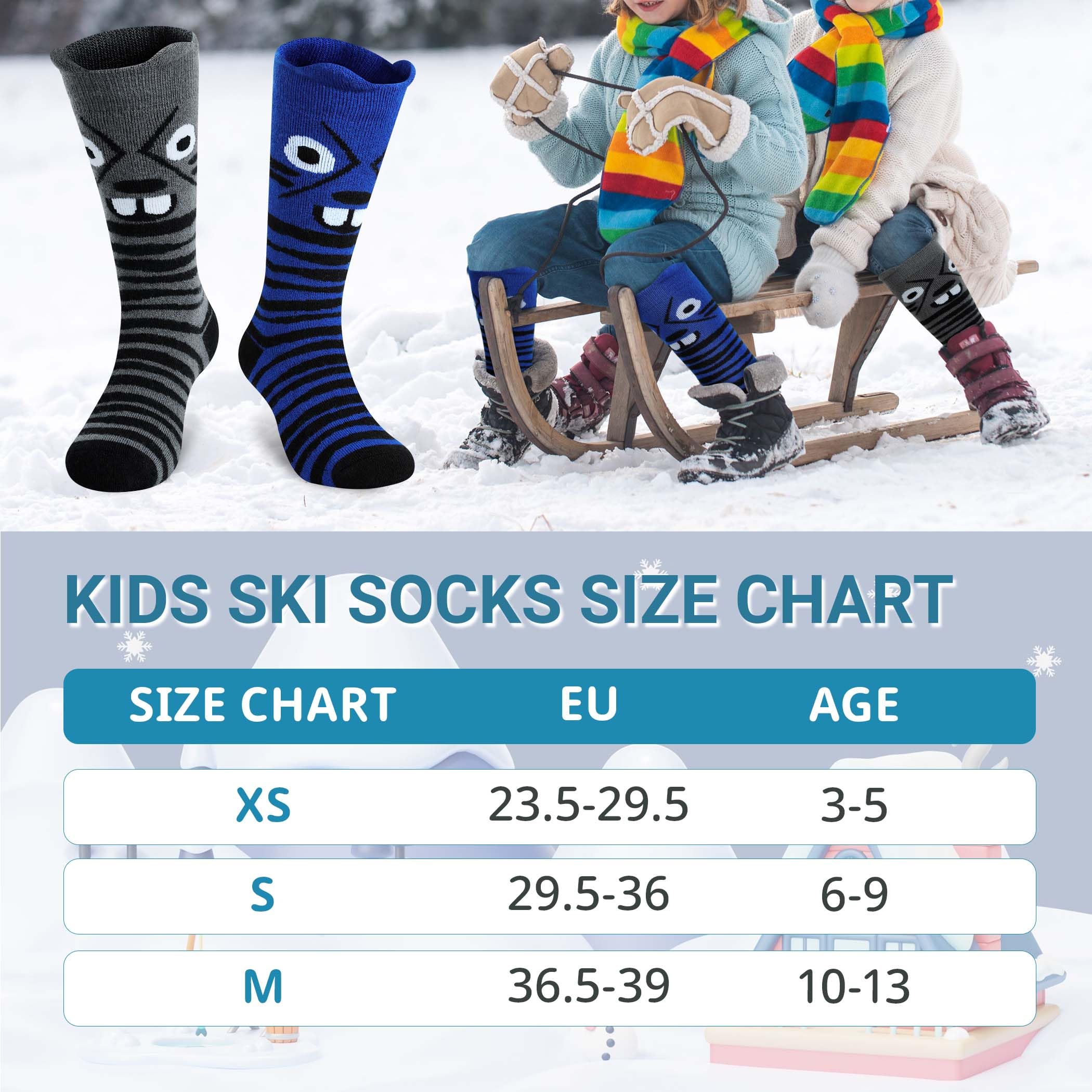 Muezna Lot de 2 paires de chaussettes de ski en laine mérinos pour enfants, garçons et filles, chaussettes thermiques d'hiver, chaussettes de sport, chaussettes de sport, chaussettes épaisses pour le