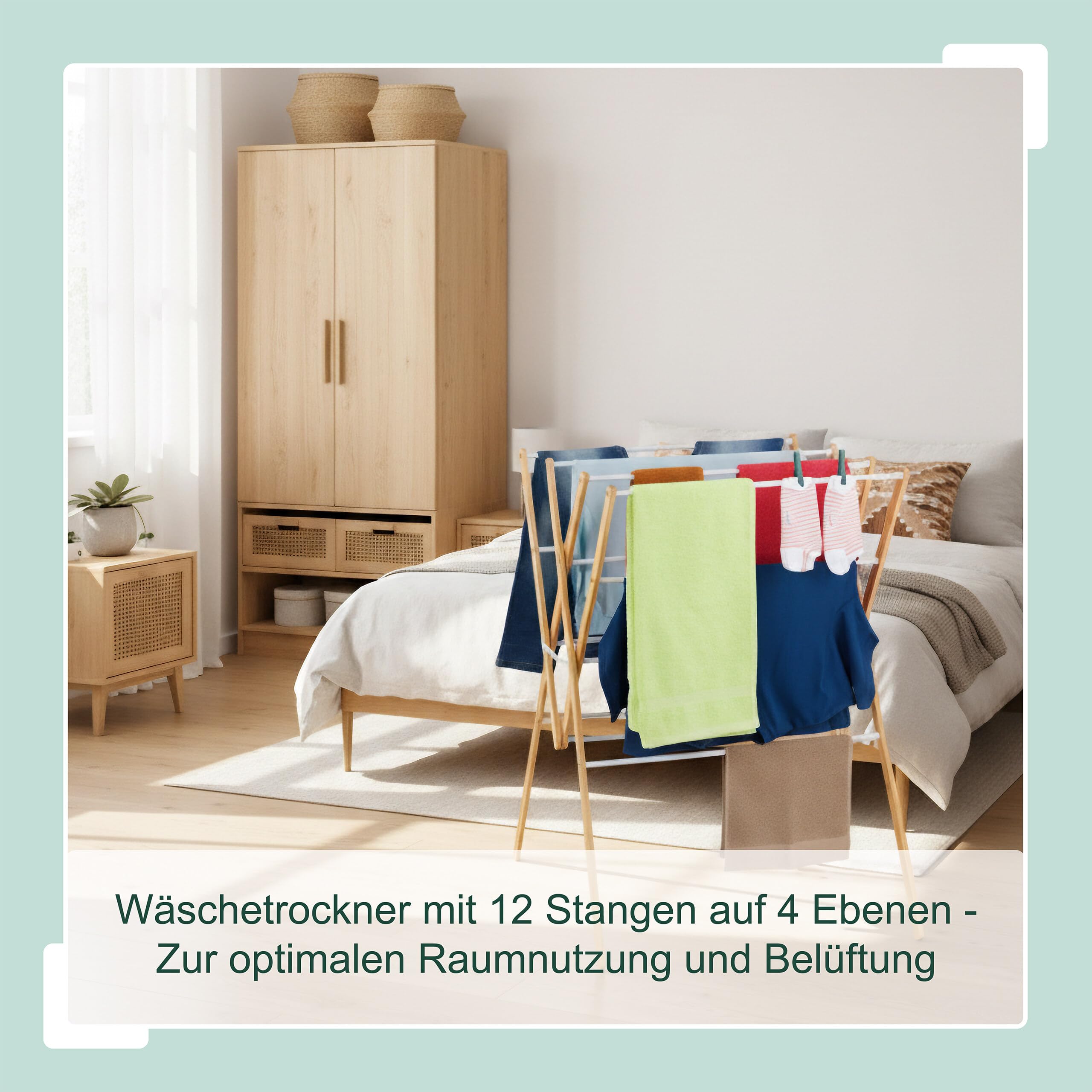 Relaxdays Wäscheständer, klappbar, 12 Stangen, HxBxT: 93 x 70 x 62 cm, Bambus, Metall, Turmwäscheständer, Natur/weiß