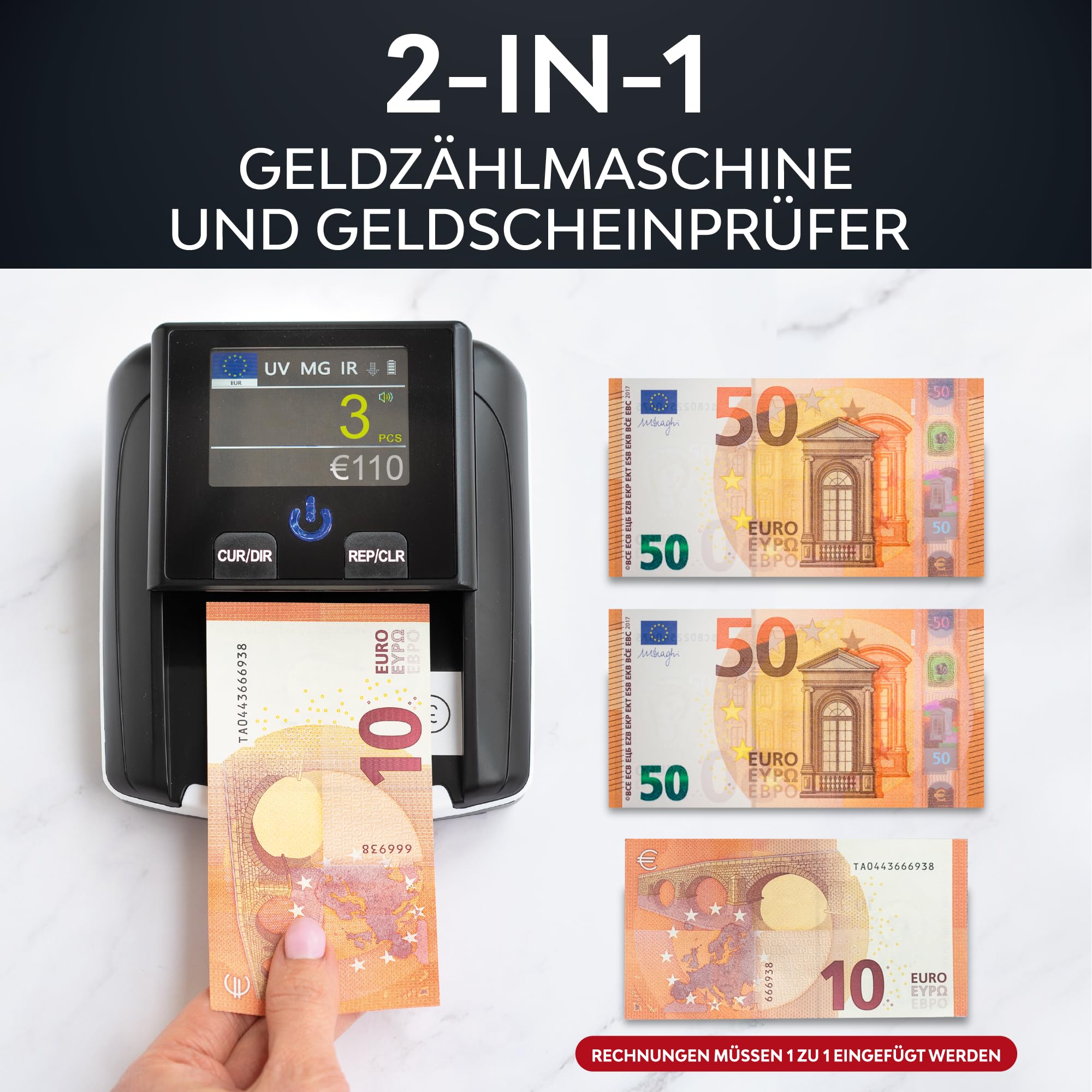 Geldscheinprüfer – Geldprüfgerät mit UV/MG/IR – Für Euro, Dollar, Pfund – Tragbar mit Akku