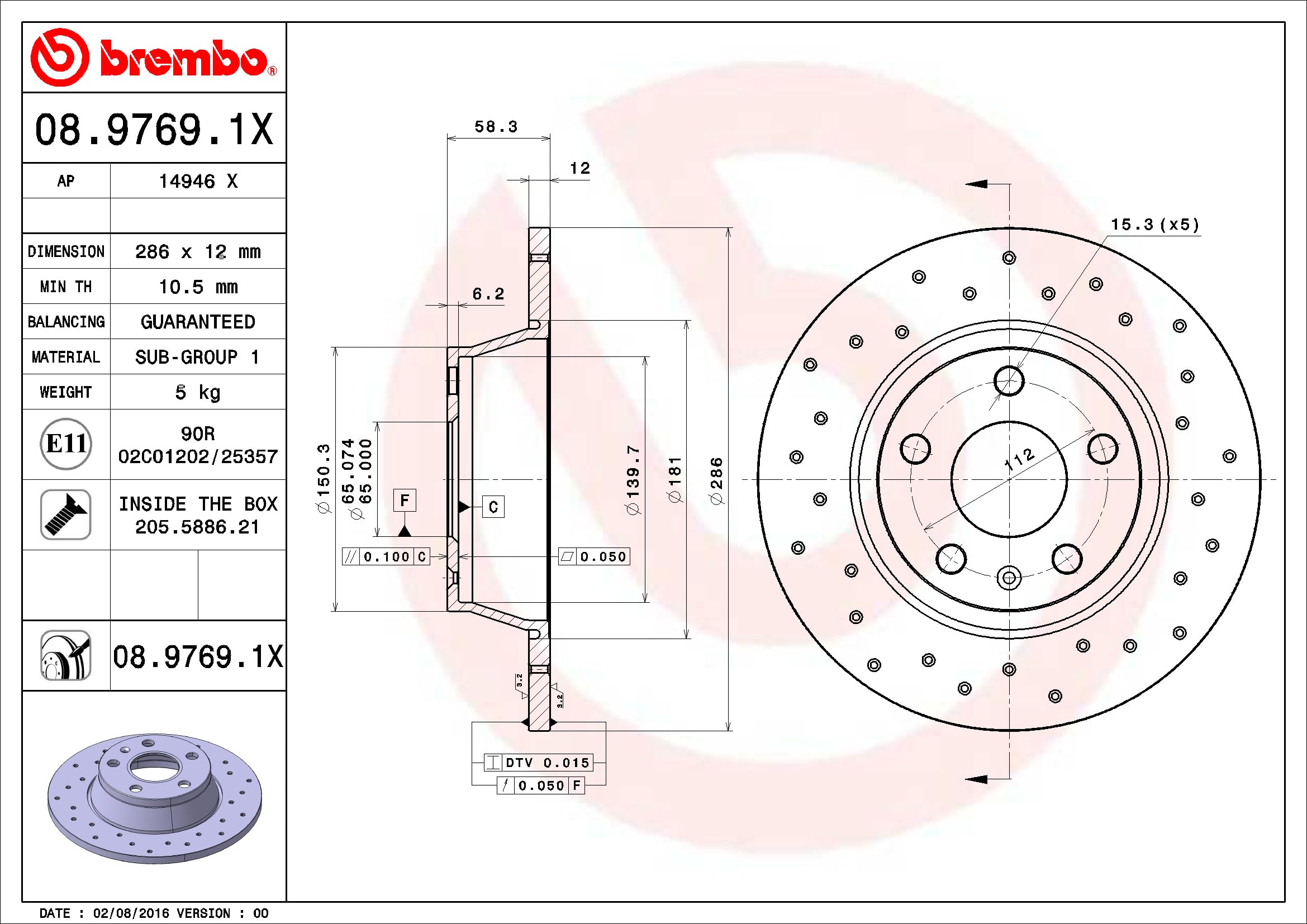 Brembo Xtra 08.9769.1X - Disco Freno Forato Posteriore, Set di 2
