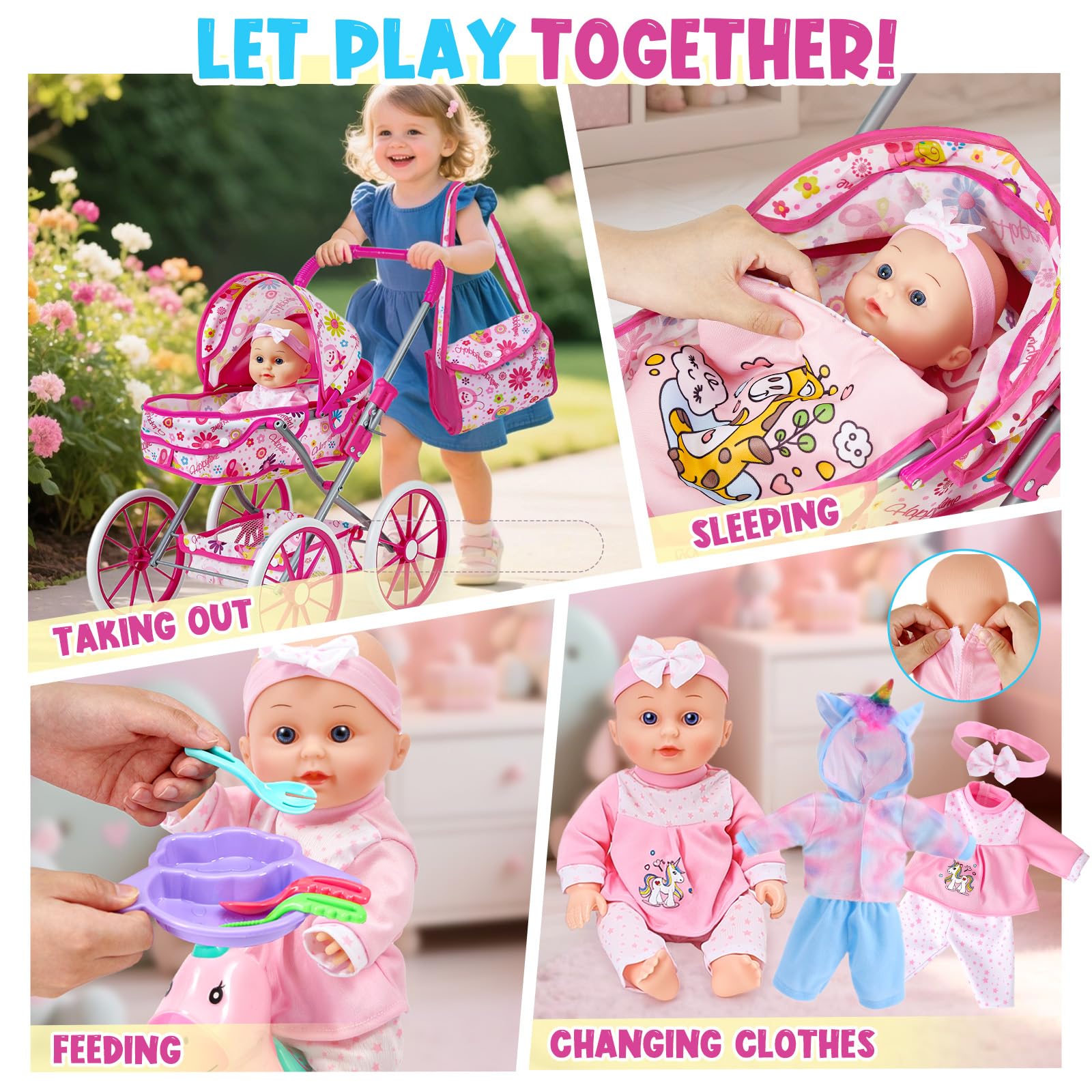 vamei Accesorios Muñecas Bebe para Niñas, Accesorios Bebe Juguete Juego de Rol, con Muñeca & Cochecito & Caballo Balancín & Bolso & Ropa de Muñeca, Cumpleaños Juguetes Regalo Niña Niños 2 3 4 5 6 Años